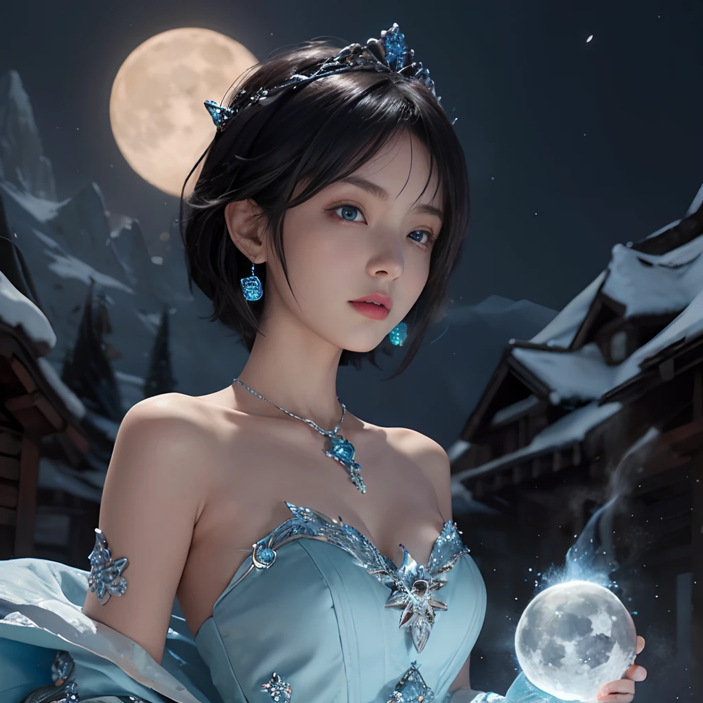 Night, ((1 girl)), Alone, masutepiece, 8K Wallpaper, hight resolution, absurderes, high quality background, Short hair, Black hair, Multicolor Hair, Beautiful frozen village, (Bright moon full), Blue Dress, detailed dress, Jewelry Dresses, (Magic:1.2), blue fire, Blue eyes, Glowing eyes, fire, Ice Goddess, (Beautiful crown with blue details), electricity, Blue Electric, Cyan light particles