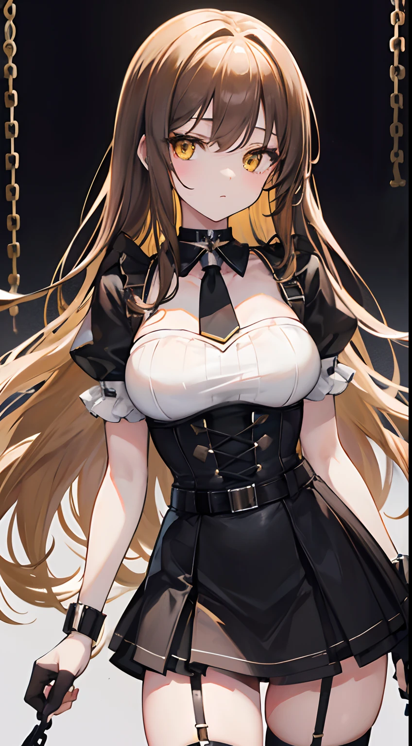 hightquality,, a beauty girl, Brown medium hair, yellow eyes, Moderately large breasts, Crystal clear white skin,, The brave, Black Bondage Bustier, Black miniskirt, Black Garter Belt Knee High Socks, (Chain sandwiched between valleys), a black choker,