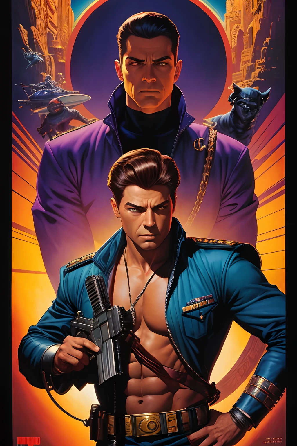 uma pintura de um homem de roxo com uma arma e um cachorro, inspirado em Joe Jusko, ( ( Barclay Shaw ) ), Directed by: Barclay Shaw, Directed by: Joe Jusko, inspirado por Earl Norem, Directed by: Earl Norem, inspirado em Jim Steranko, Joe Unha, Directed by: Jim Steranko, Directed by: Tim Hildebrandt, por Bickenbach