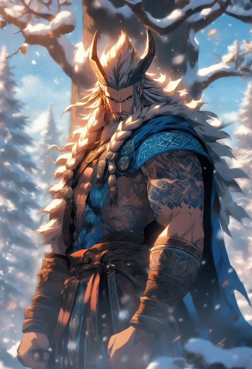 the best quality, very high resolution, detailed 4K CG, master piece, Baldur, Norse god, handsome man, rune tattoos, snow, tall trees, blue sky, Norse mythology, rune tattoo, beautiful aesthetics, Beautiful image