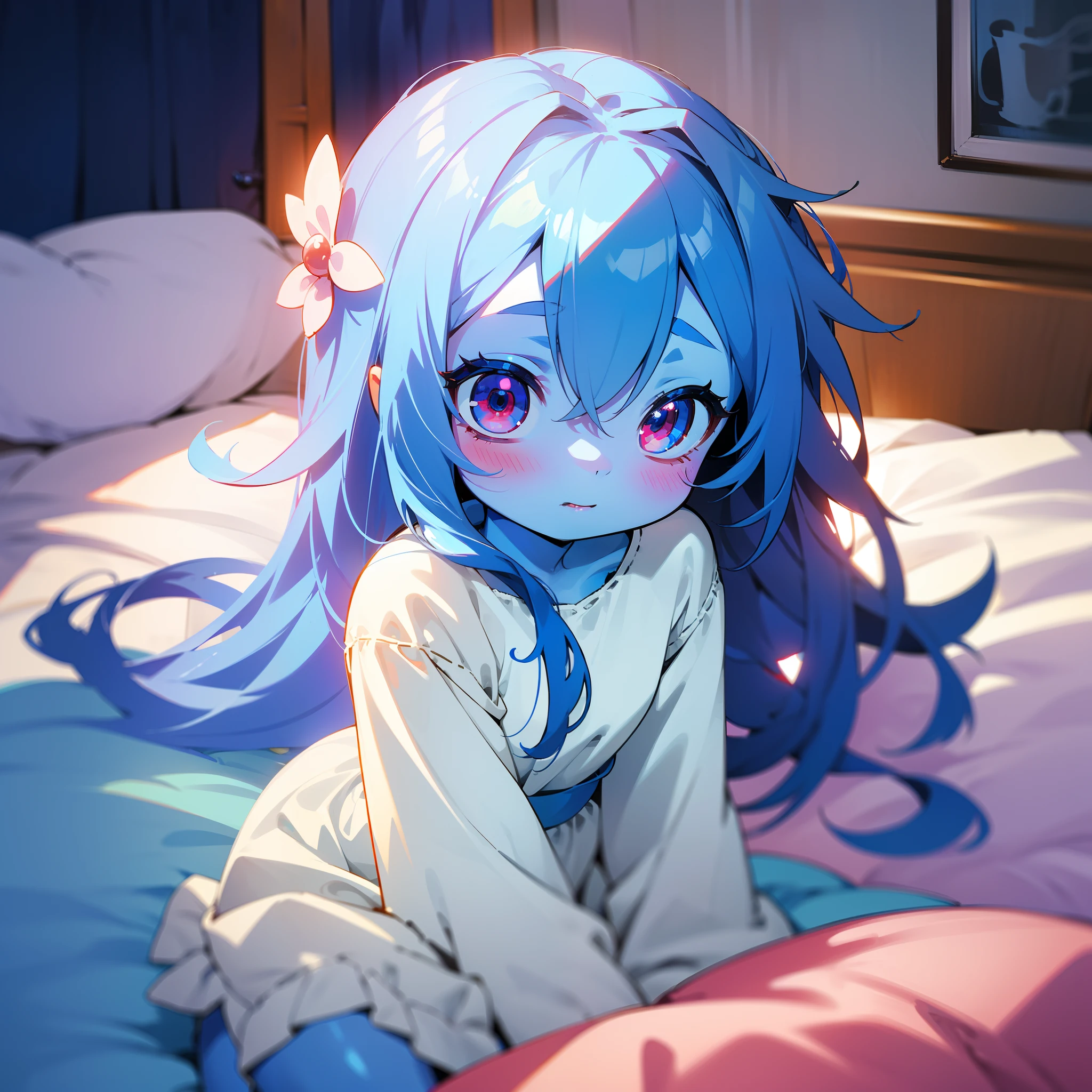 Chibi Character,,Cute little girl, Happy,(1loli girl,4 years old,small body),small,little white dress,dark blue hair,long hair,(((blue skin,colored skin))),red eyes,loli,solo,cute,(sitting on bed in a room in house),shy,blush,cowboy shot