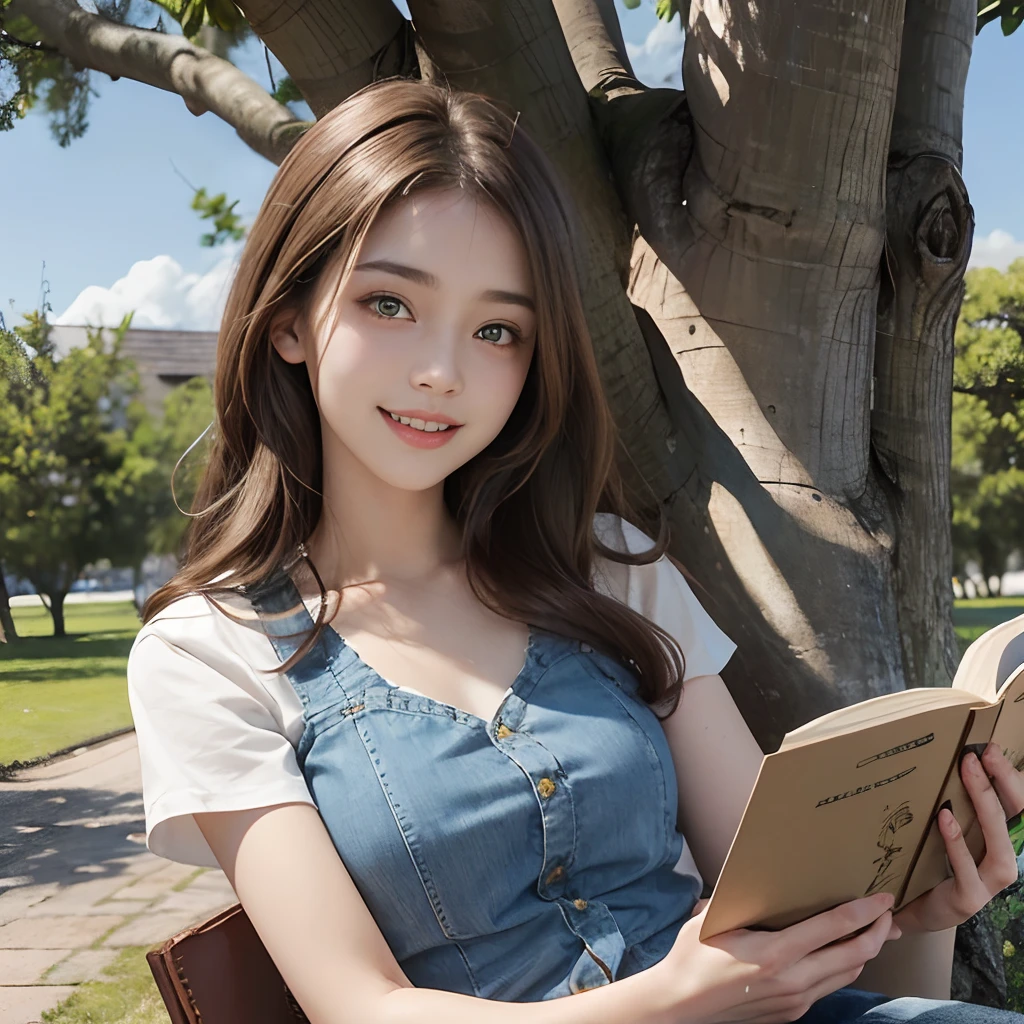 masutepiece, Best Quality, Ultra-detailed), Portrait of 18 year old woman with light brown hair, Curled green eyes, Wearing blue shorts, beige blouse and blue jeans、Singing smiling from under the tree (leaning against a tree) And read the brown book -Auto Utra Real-、NSFW