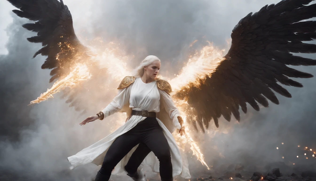 a warrior angel of light in white clothes and a warrior angel of darkness wearing black clothes fighting, cinematic, 4k, Steven Spielberg epic film, sharp focus, emitting diodes, smoke, sparks, racks, system unit, motherboard , by pascal blanche rutkowski repin artstation hyperrealism painting concept art detailed character design vibrant painting, Blade Runner in 4K resolution