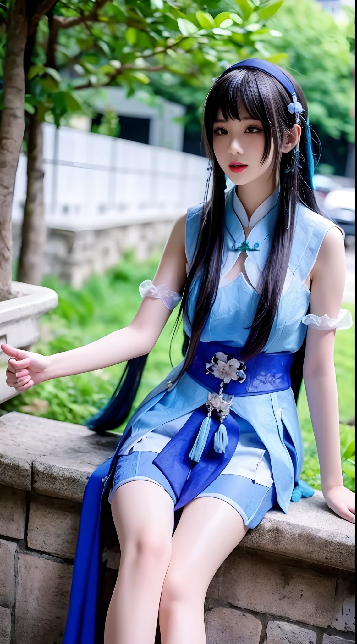 In the daytime， Dark blue sky， Lace lace clothes， short  skirt， Long pink and blue hair， Long hair and waist， Beautiful teenage girl， oh, God， divinity， white headgear， Sit on the railing，opening legs，White lace stockings ，Stockings strangle，Hairline， slanted bangs， shairband， hair adornments， forehead jewel， Jewel branch of Paulai， Crescent hair ornaments， fish hair ornament， God Ray， glitters， cinmatic lighting， Lens glare， hyper HD， high detal， high qulity， A high resolution， best qualtiy， 8K， 16k， high detal， high qulity， super detailing， anatomy correct， tmasterpiece， ccurate