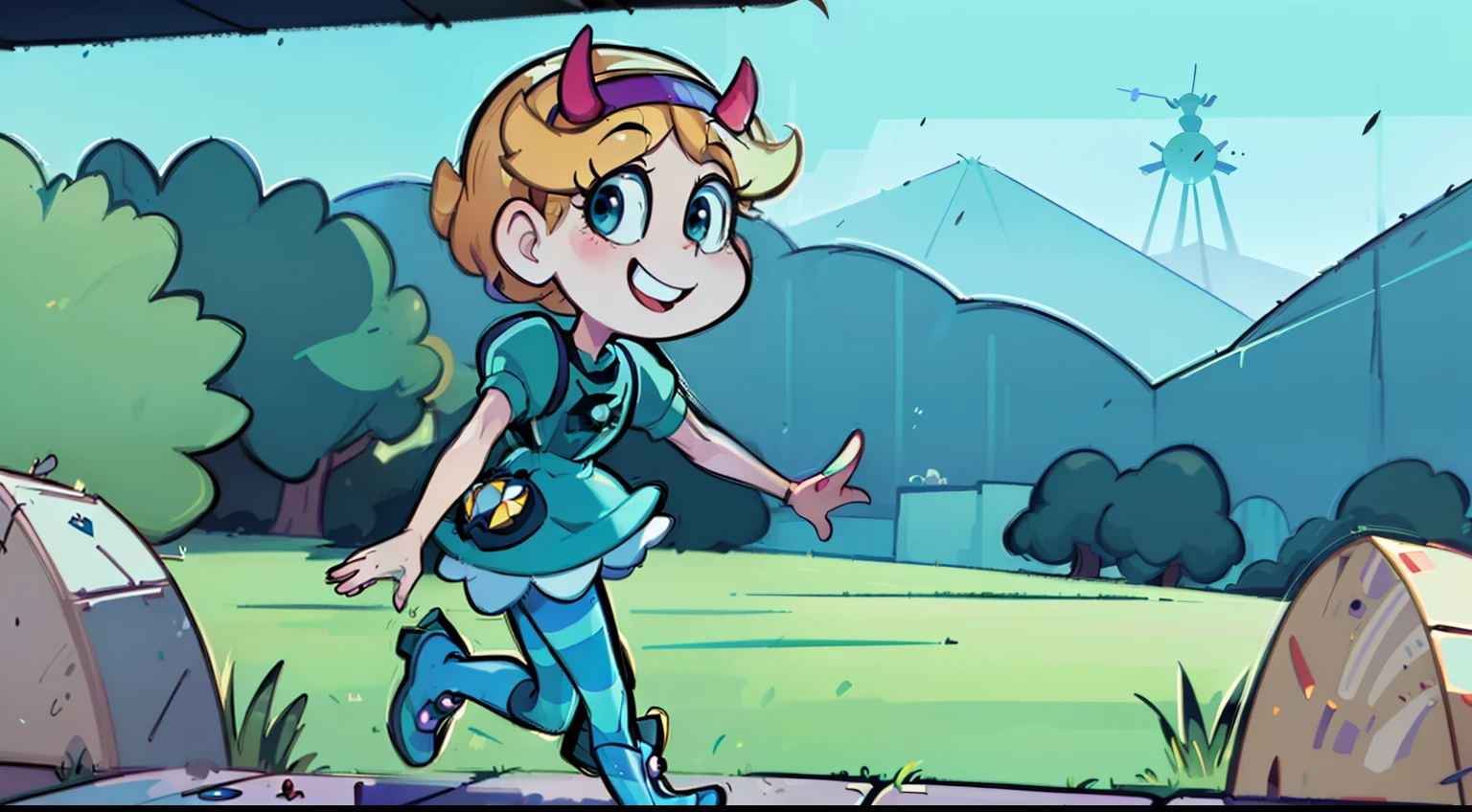 (masterpiece, best quality, high resolution:1.4), (film still:2), movie, theatrical, trailer, action shot, animation, disney, 1girl, woman, star butterfly, smile, happy, walking in the park, horn hairband, green spider outfit, pantyhose, big boots, mid body shot, (((Los Angeles))) backdrop,