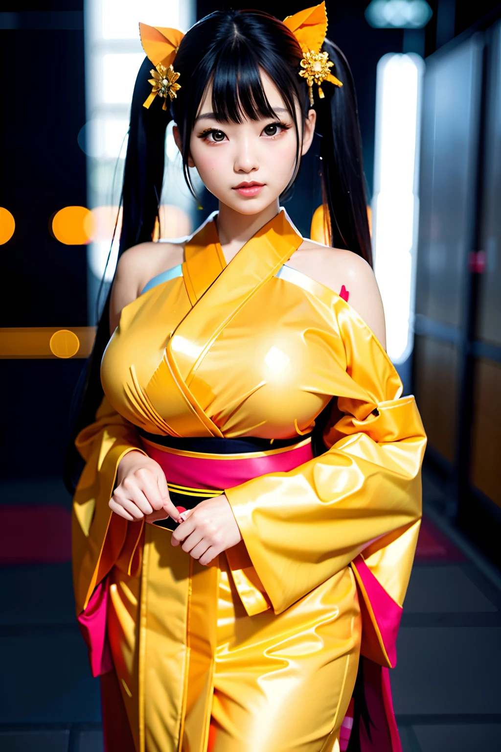((gorgeous Golden panty)),((gorgeous orange panty)),((gorgeous pink panty)),((gorgeous red panty),((royal textured panty)), (((smile:1.0, laugh:1.0))),
1woman, milf solo, makeup, highres, large breasts:1.4 , cleavage, looking at viewer, smile, bangs, bare shoulders, black hair,collarbone, crossed bangs, hair between eyes, hair ornament, hair ribbon, huge breasts, japanese clothes, large breasts, long hair,mask, mask on head, off shoulder, parted lips, red eyes, red shirt, red panty, ribbon, striped ribbon, taihou \(azur lane\), twintails, very long hair, wide sleeves,(shiny skin), sash,
night, detailed background, Cyberpunk world, Modern metropolis, neon,sfw:1.8,