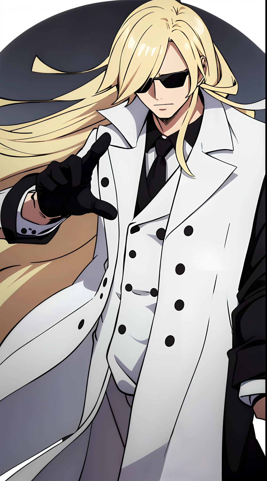 one man, long blond hairs, wearing a white overcoat, black gloves, black shades