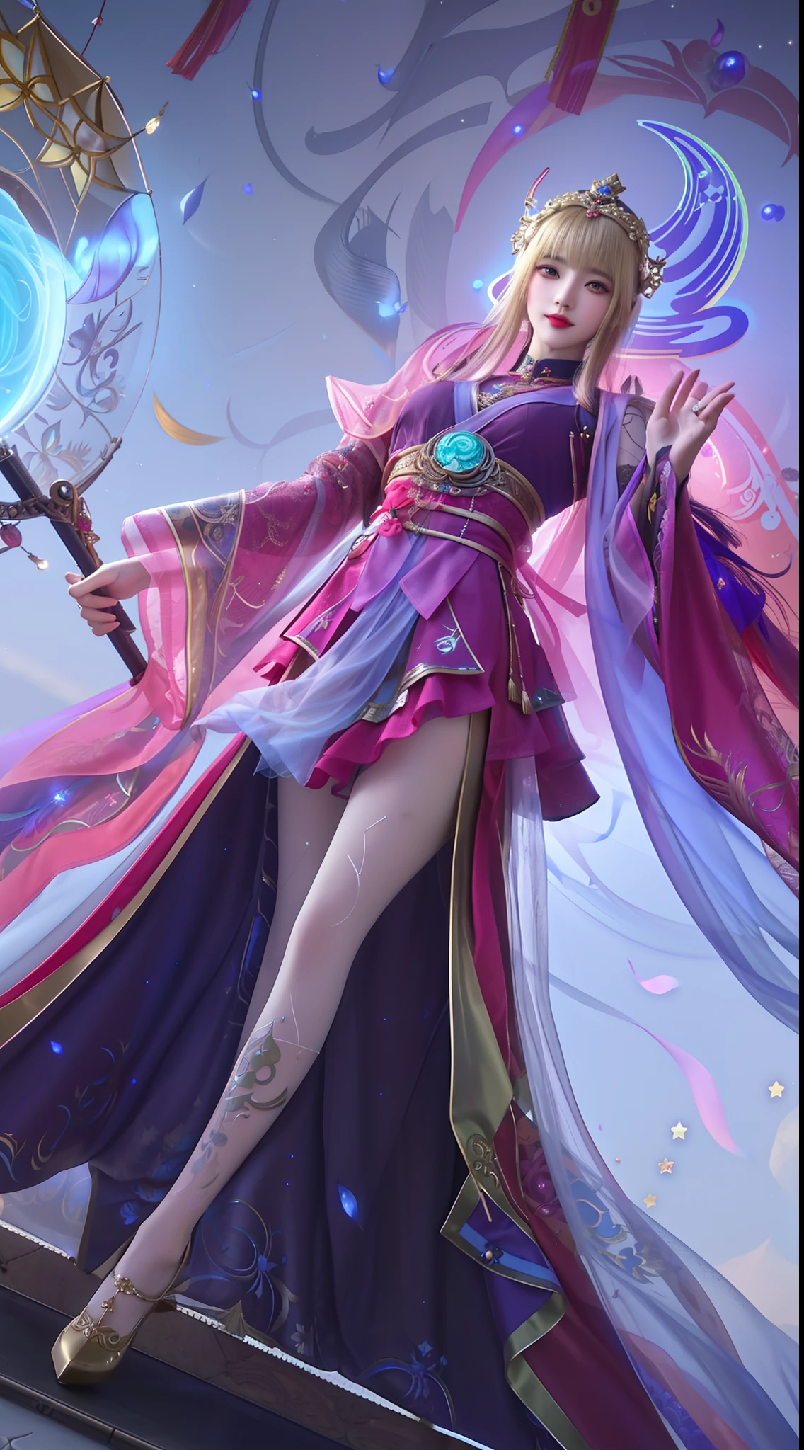 1 27-year-old girl, 1 zodiac goddess from the future, 12 zodiac goddess pink purple, 12 zodiac goddess wearing red silk dress and pants, red and white ao dai hugging her body, pants and Ao dai with 12 zodiac signs with detailed black lace, thin fabric ao dai, mythical goddess of 12 zodiacs from the future, zodiac sign ♏, zodiac style sparkling luxury version, dark and mysterious, turban that fits the goddess of the zodiac, red lipstick, thin and beautiful lips, that smile captivates viewers, characters created by karol bak and pino daeni, intricate details, background detailed, hyper-detailed, light magic, a woman in long silk robes, clear face, long hair with flat bangs, beautiful face with attention to detail and well-proportioned figure face-to-face, (transparent yellow eyes: 1.8), big round eyes and very nice and detailed makeup, foresight, long silk clothes, mysterious makeup, side-swept bangs and dyed light blonde, portrait upper half, portrait of the goddess of the zodiac, hanging arms, Realistic and vivid, (the stars that make up the zodiac: 1.7), (the sky background of the zodiac) fiction: 1.8), photo fiction, RAW photos, hanfu photos, best photos, best quality photos, 8k quality, 8k ultra, surreal, most realistic photos,