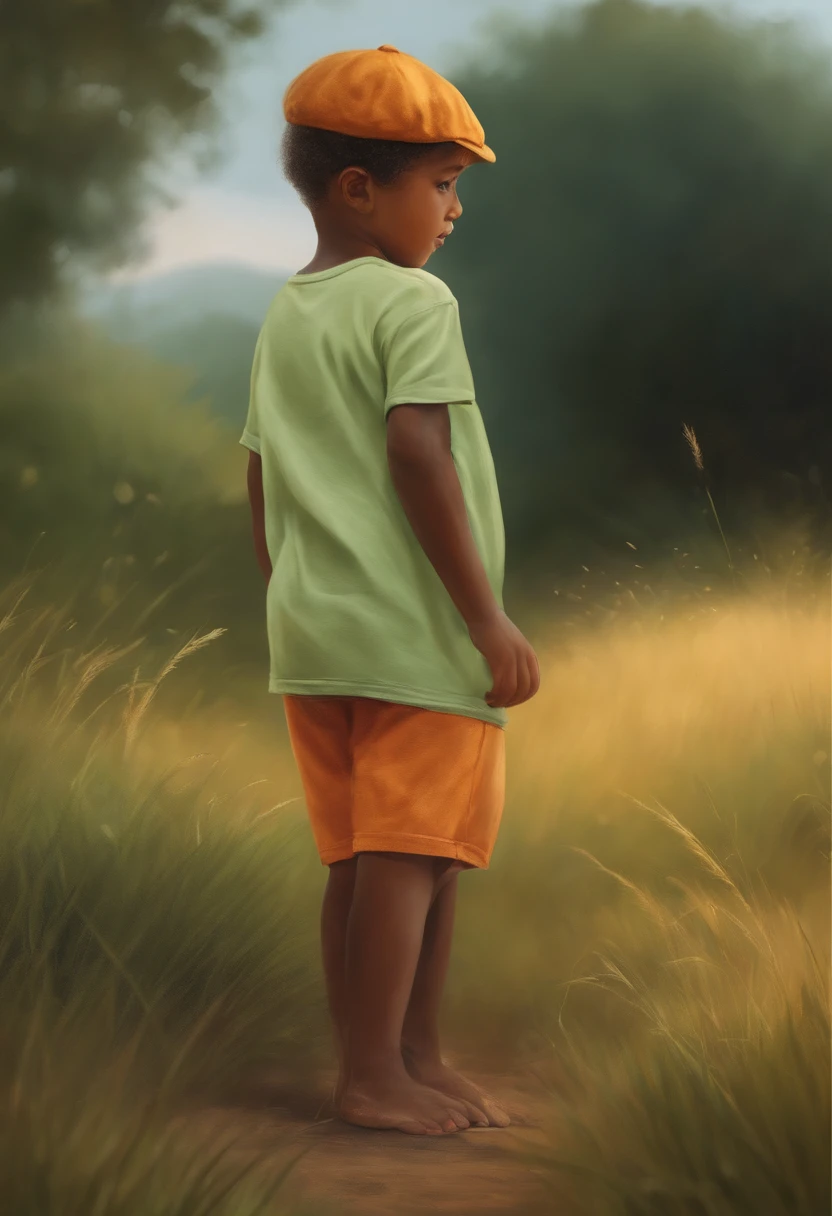 The illustration shows a boy, com aproximadamente sete anos de idade, Standing in an open field. He's wearing a simple T-shirt, a pair of shorts and a cap. His feet are bare, revelando a suavidade da grama verde sob eles.