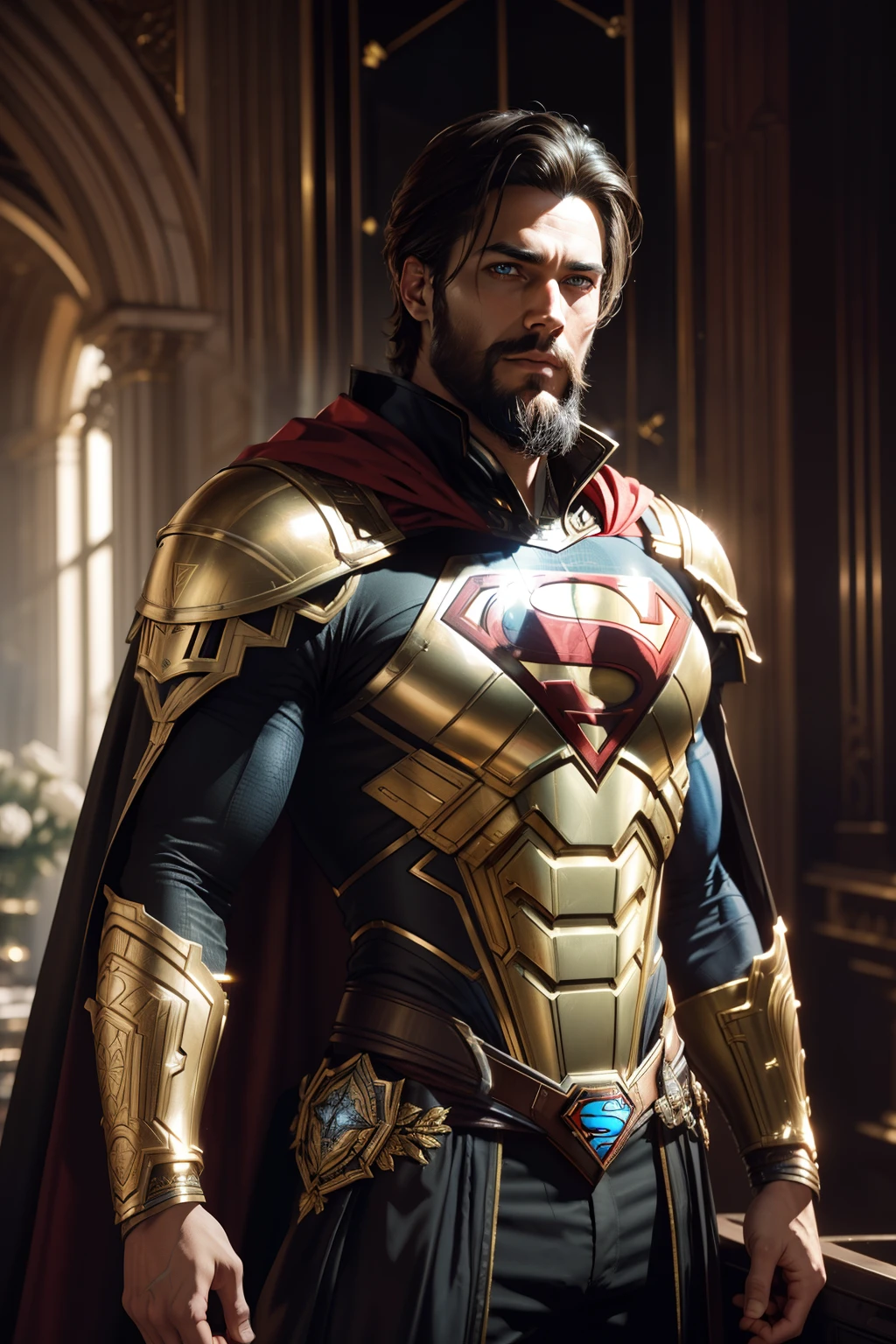 Realistic Superman with beard & short hair (((Aleksi Briclot aesthetic style))), realist skin in sci-fi highly detailed golden & black armor & black cape, surrounded by roses, (beautiful detailed symmetrical eyes, photorealist, perfect and realist skin, eye sharp vivid colors, Nikon D750, 32k, Megapixel, HDR, Leica 50mm lens, Kodak Portra 800 film