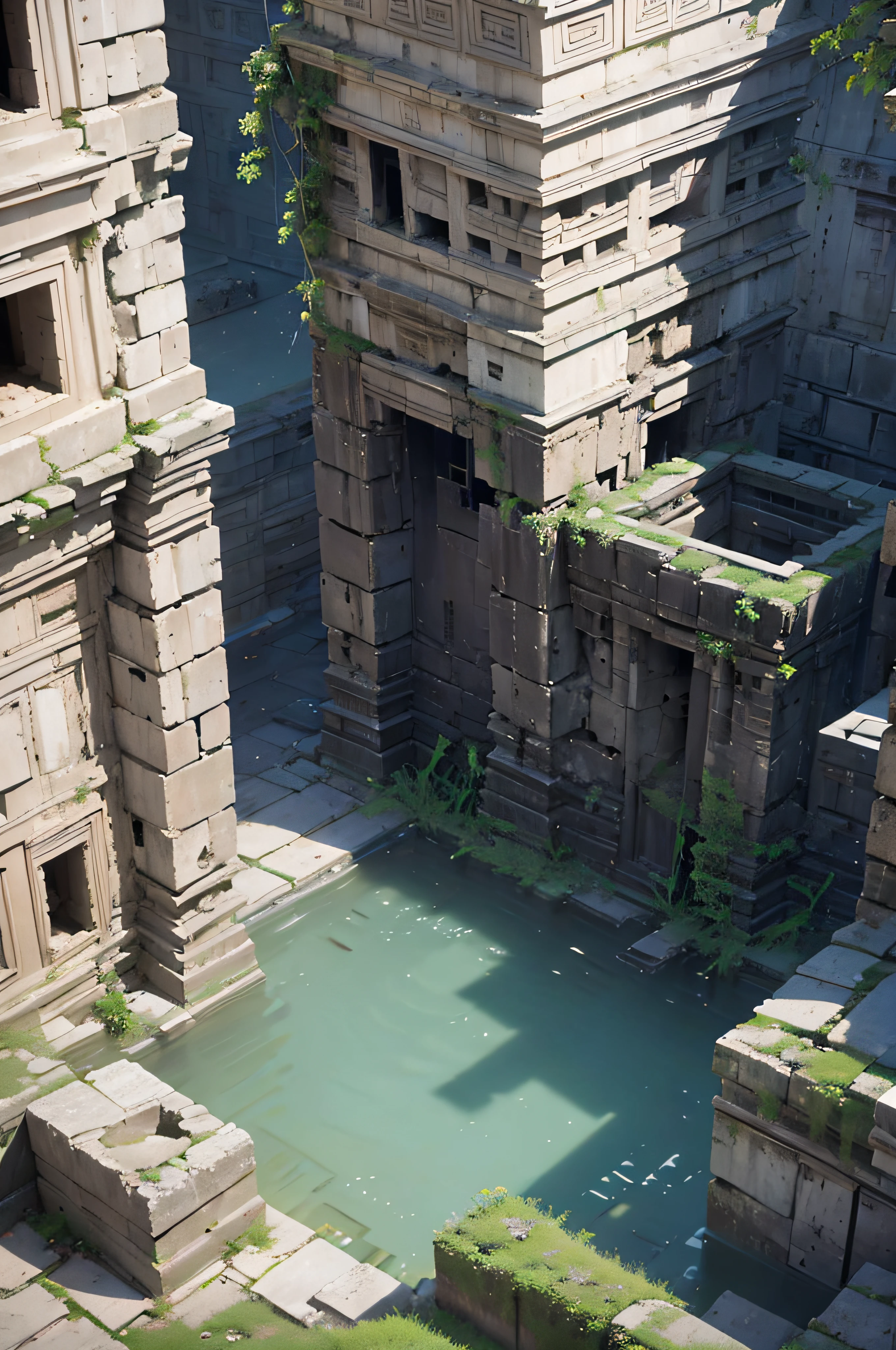 Looking down from above close up aerial view of demolished brick structures in a courtyard with a ruined building in the background, collapsed temple, large burnt temples, ruined monolithic temple, temple ruins, demolished buddhist architecture, ruins of hindu temple in background, ancient india, ancient temple, ancient megastructure, buried temple in the background, sacred ancient architecture, temples behind her, historical setting, ancient buildings, ancient, Nalanda ruins