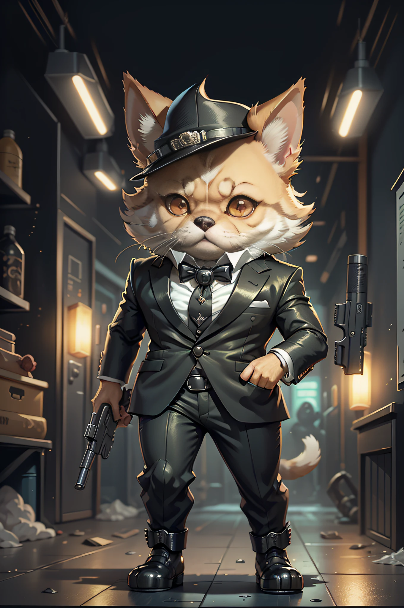 C4tt4stic,James Bond wears a tuxie and gun cartoon、Anthropomorphic Chihuahua dog