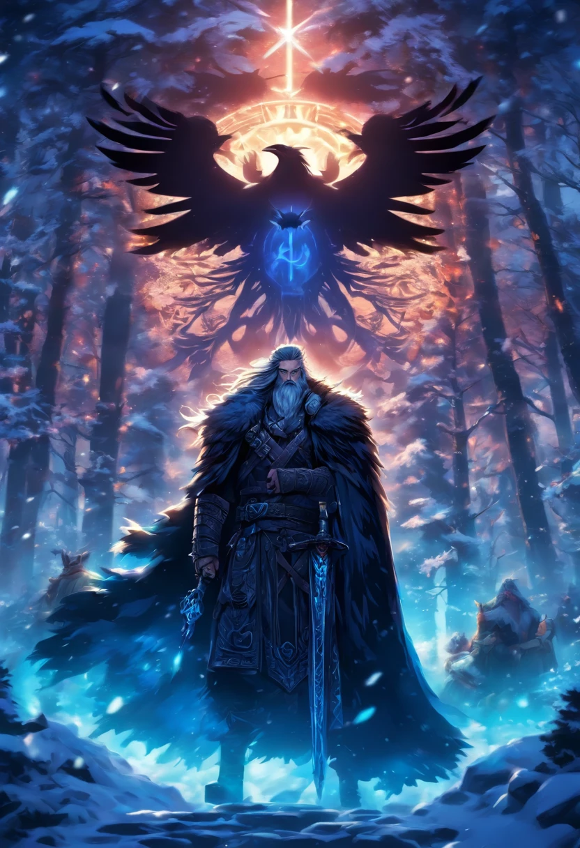 the best quality, very high resolution, detailed 4K CG, master piece, Odin, Norse god, elderly, eye patch, two ravens, rune tattoos, snow, tall trees, blue sky, Norse mythology, rune tattoo, beautiful aesthetics, Beautiful image, centered on screen