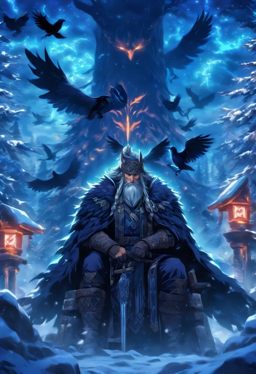 the best quality, very high resolution, detailed 4K CG, master piece, Odin, Norse god, elderly, eye patch, two ravens, rune tattoos, snow, tall trees, blue sky, Norse mythology, rune tattoo, beautiful aesthetics, Beautiful image, centered on screen