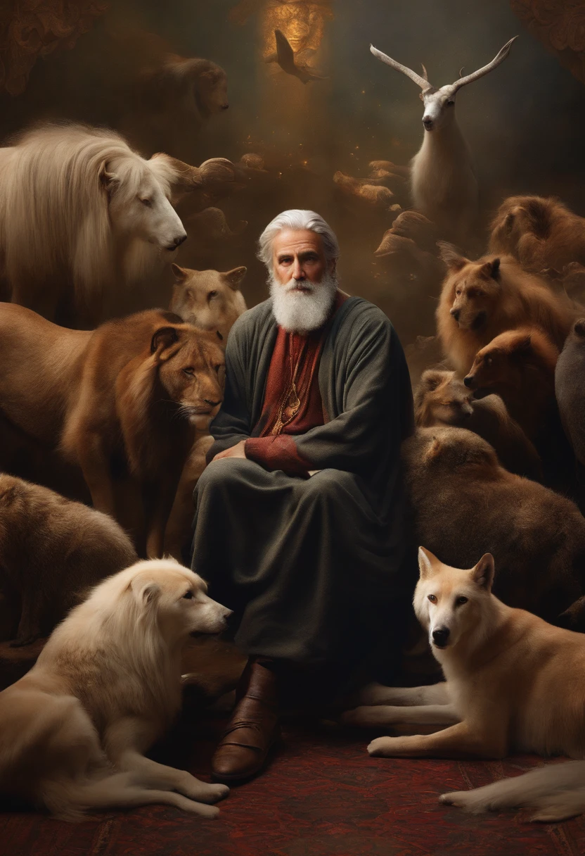 very religious grayhaired man with several animals around him