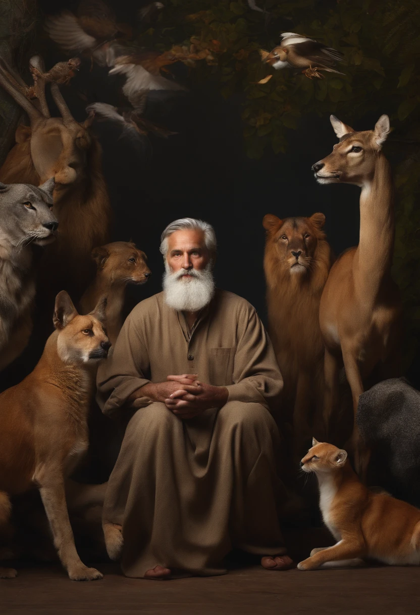 very religious grayhaired man with several animals around him