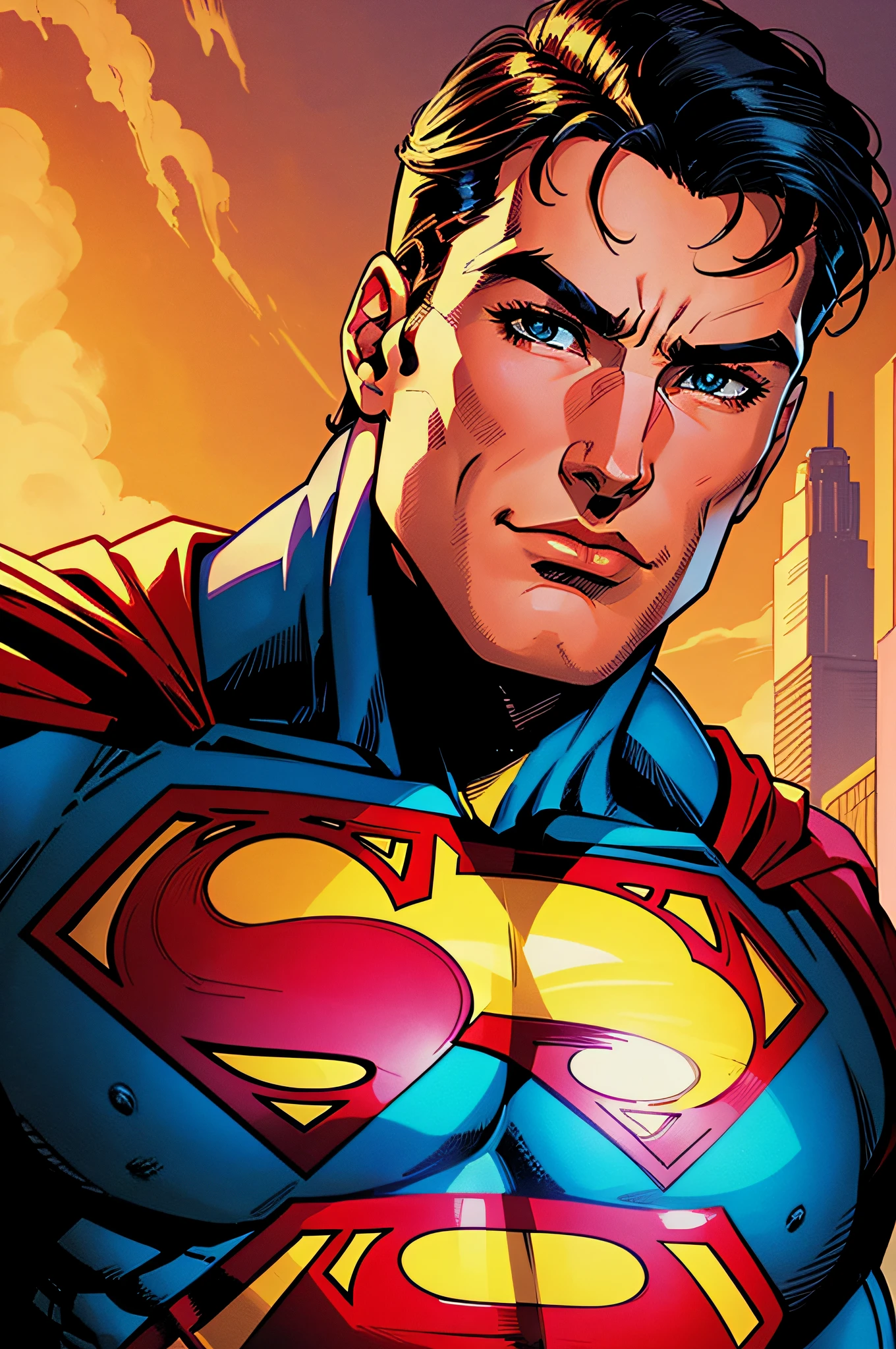 Retro comic book style art, close-up of Superman's face, in superhero pose, in the city, highly detailed, symmetrical, vibrant