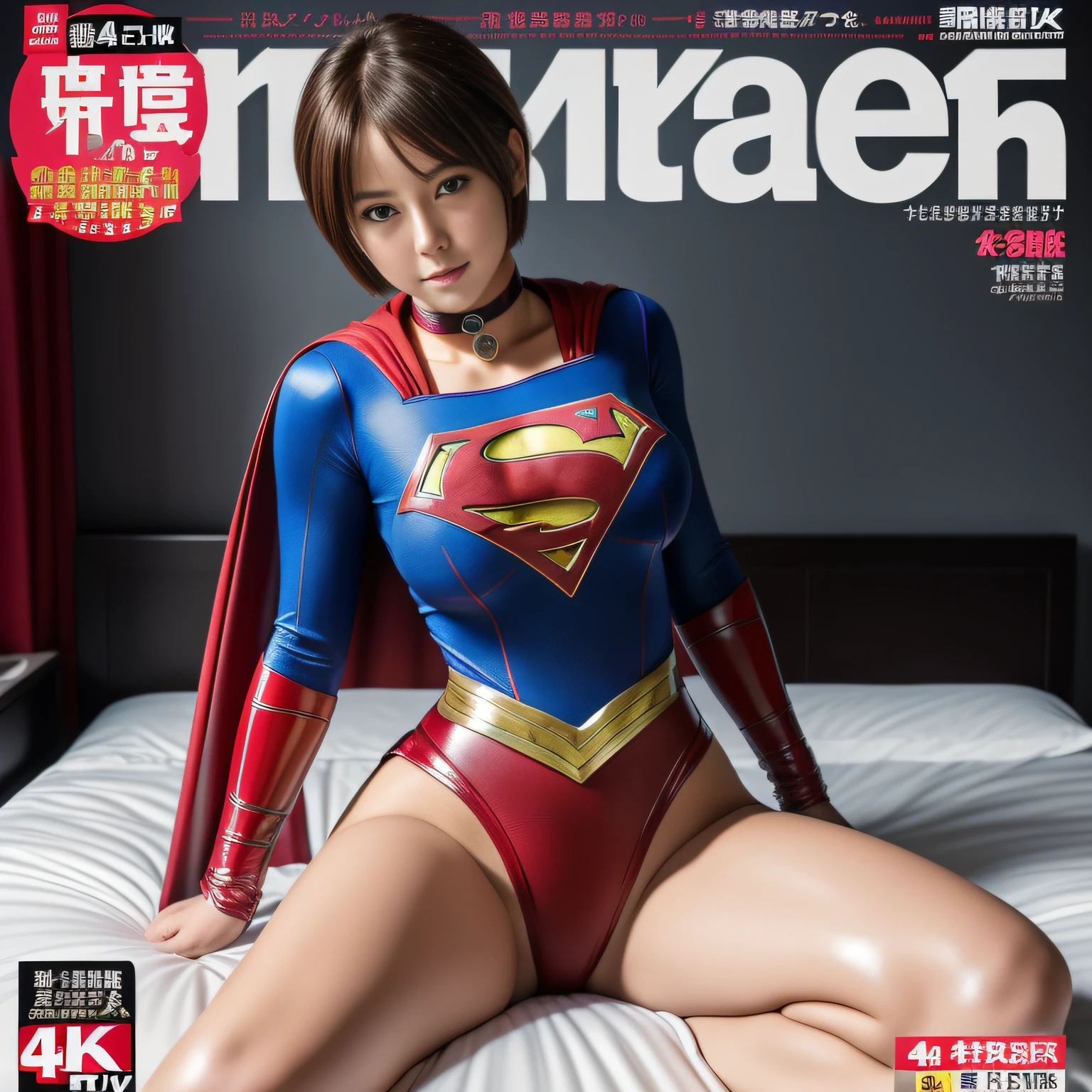 (Best Quality,4K,8K,hight resolution,masutepiece:1.2),Ultra-detailed,Realistic:1.37,Super masterpiece,Short-haired Supergirl sitting on bed、large full breasts、Looking at the camera、Glossy costume、a choker、bare-legged、Weekly magazine cover、Cheerful pose