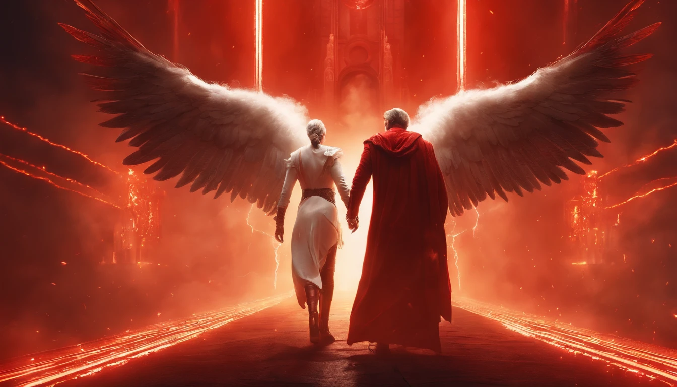 a warrior angel of light in white clothes and a warrior angel of darkness wearing red clothes fighting, cinematic, 4k, Steven Spielberg epic film, sharp focus, emitting diodes, smoke, sparks, racks, system unit, motherboard , by pascal blanche rutkowski repin artstation hyperrealism painting concept art detailed character design vibrant painting, Blade Runner in 4K resolution