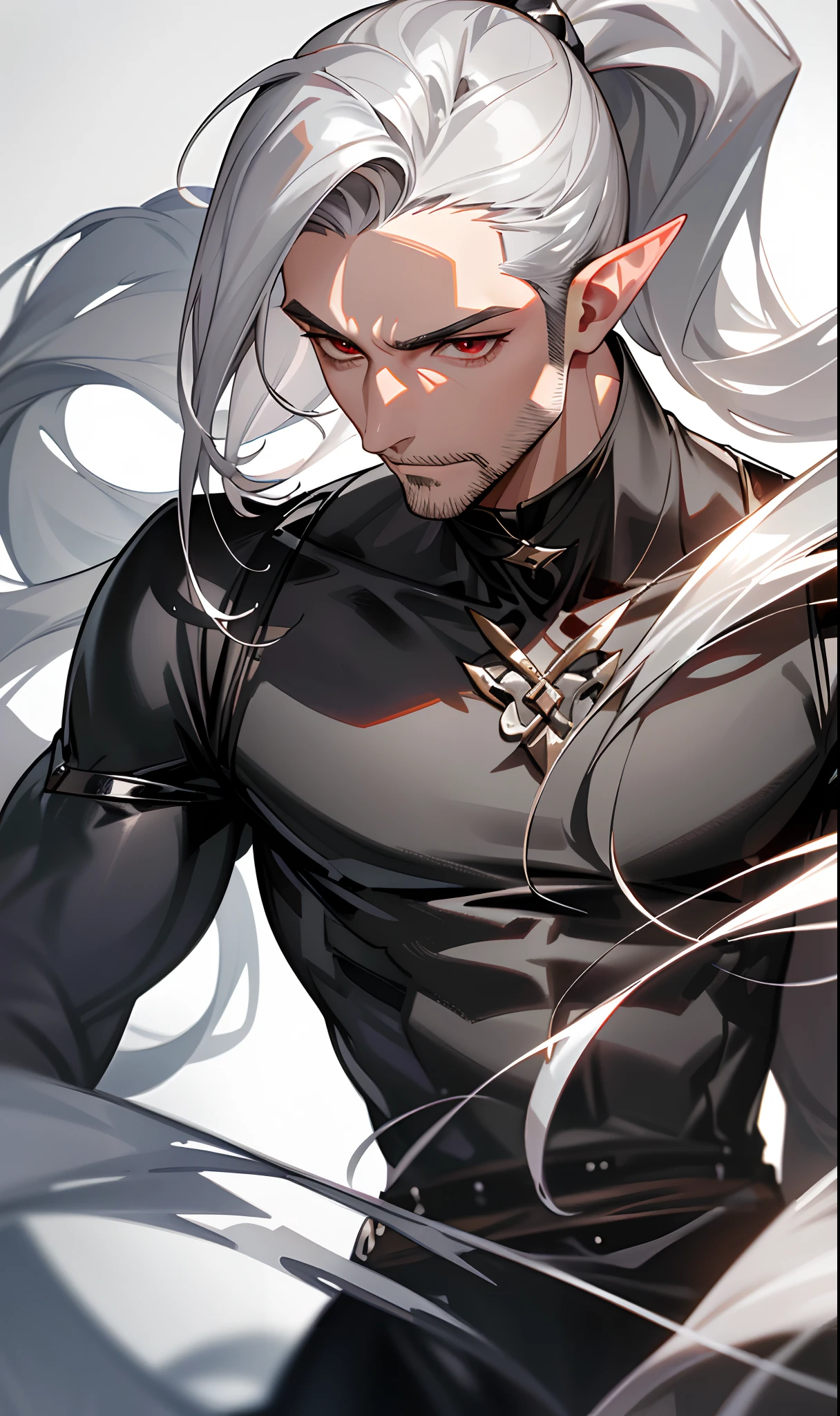 (masterpiece, sidelighting, finely detailed beautiful eyes: 1.2), (masterpiece*portrait), portrait, realistic, 3d face, lusious skin, ((solo)), (close-up of face), hanging eye corners, ((high-detail skin, visible pores)), (Perfect body),Wearing a silver metallic outfit , reflecting, shiny , lots of oversized bows , tight corset , high fashion, Mugler, extremely detailed accessories, shot from the waist up,
Handsome man, ((gray stubble :1.1)) , red eyes , elf ears , extremely long hair , ((silver hair)) , hair in a ponytail, lean , muscular ,((male:2 )), age 41