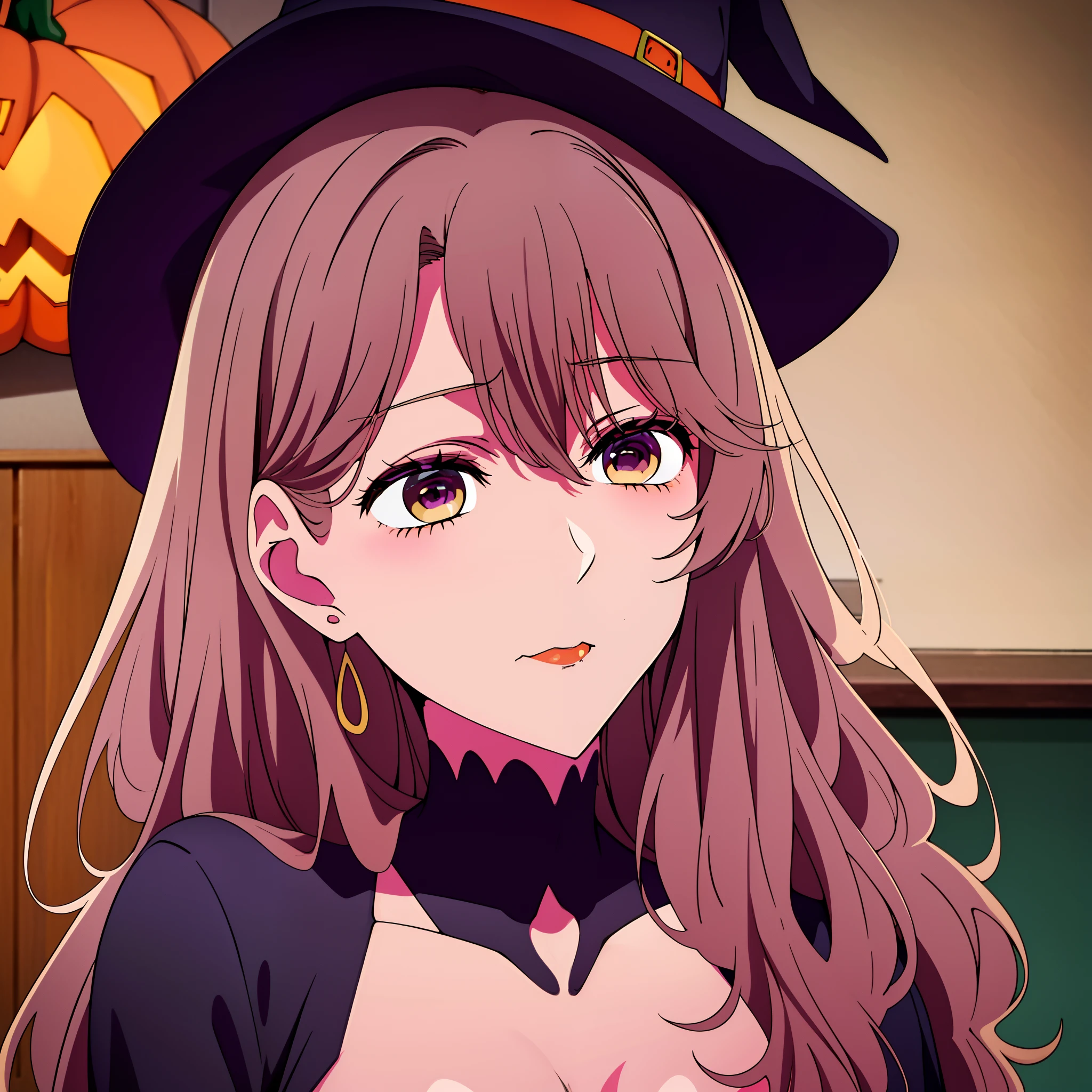 (Halloween styled, best quality,highly detailed:1.2),1girl,direct eye contact,soft lighting,anime styled,2D,witch hat,cute:1.1,Halloween theme,pumpkin decorations,ghost decorations,far shot, cleavage, stomach