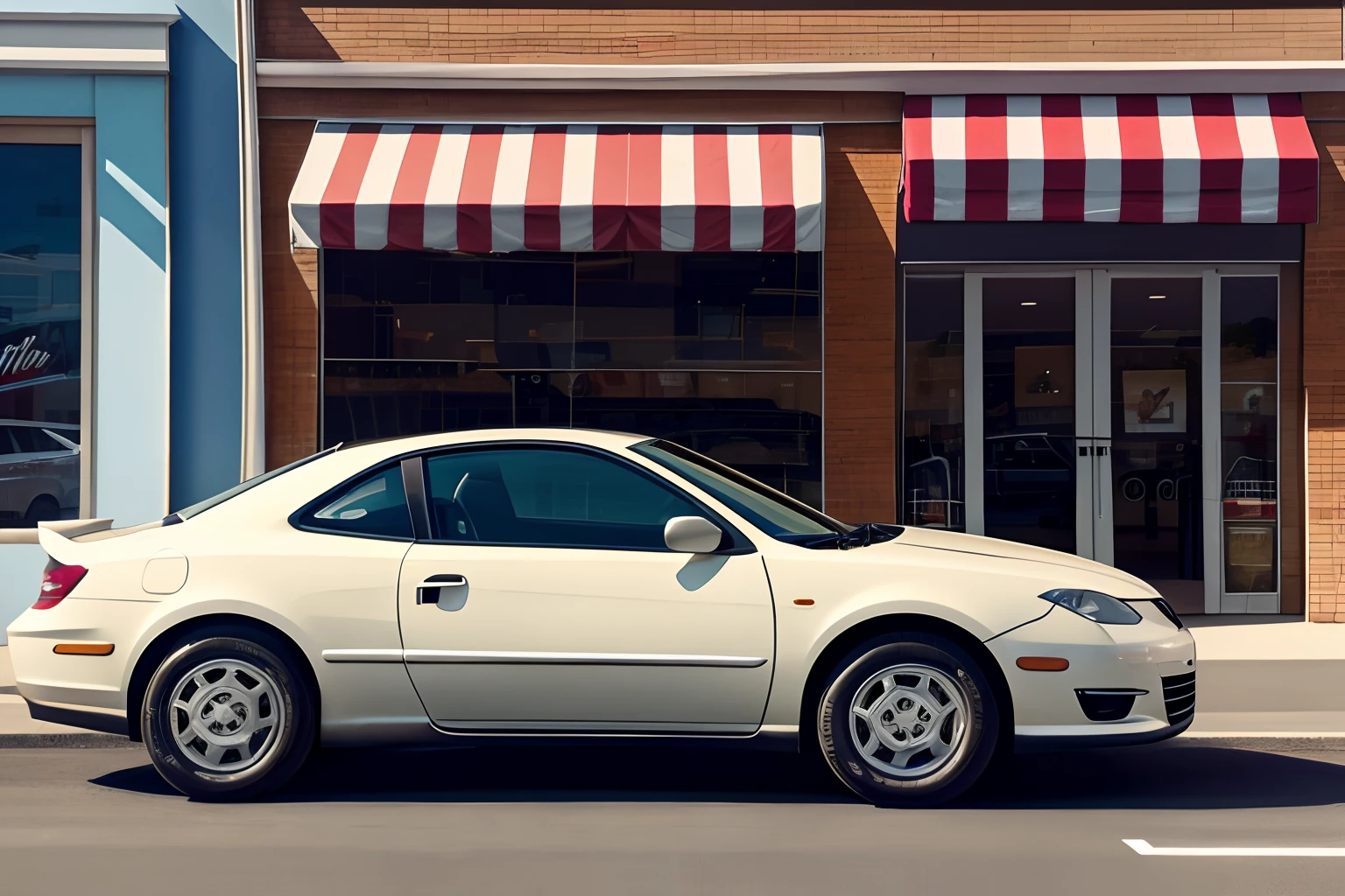 painting of a car parked in front of a store