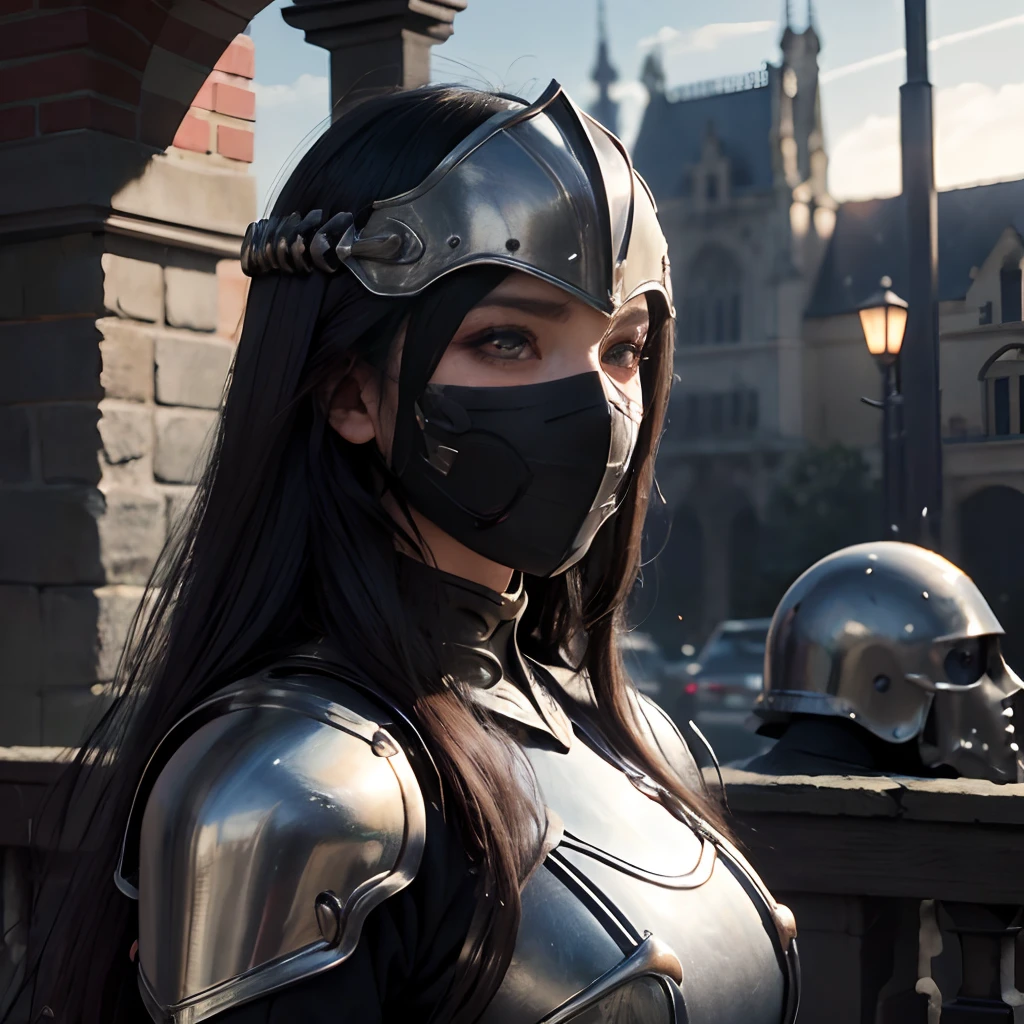 ((Realistic)), cinematic shot, movie theatre, photo referenced, Highest Quality, High quality, (Detailed face and eyes:1.1), Giant female knight in black armor, ((Complex helmet)), Face Mask Armor, ((Big eyes)), black sclera, in the countryside, Black eyes, Subsurface scattering, Convoluted (high detailing), ((Cute)), (Detailed skin:1.1), Shiny skin, Photorealism, Volumetric lighting, magic circles, Castle in the background,