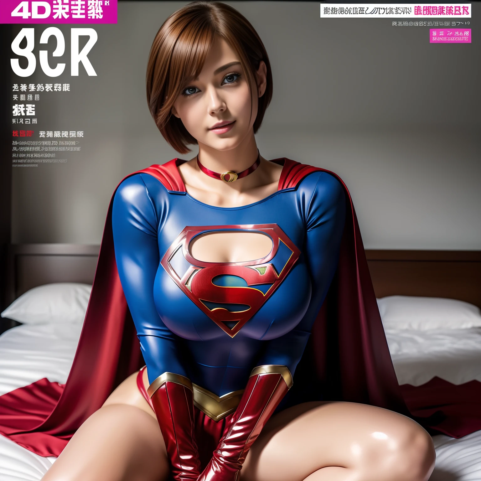 (Best Quality,4K,8K,hight resolution,masutepiece:1.2),Ultra-detailed,Realistic:1.37,Super masterpiece,Short-haired Supergirl sitting on bed、large full breasts、Looking at the camera、Glossy costume、a choker、bare-legged、Weekly magazine cover、Cheerful pose