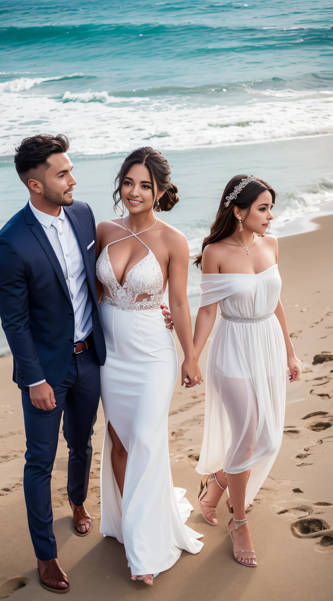 Create a couple with three people, um homem e duas meninas elegantes; vestido de noiva em frente a praia  morena e loira