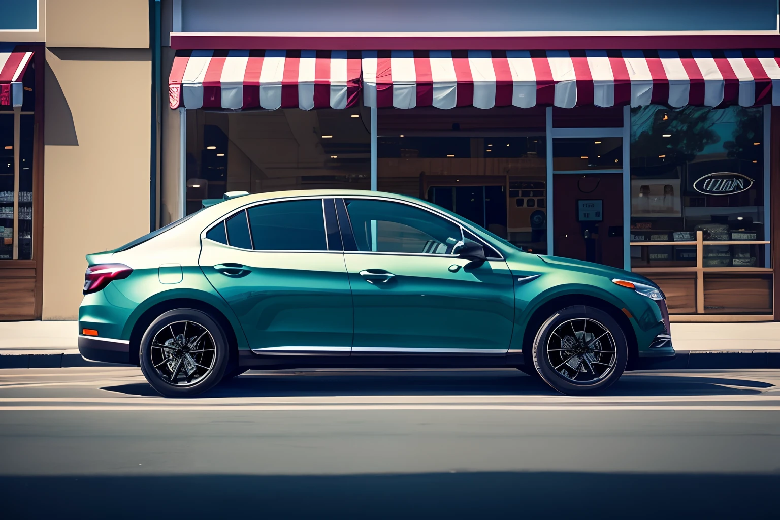painting of a car parked in front of a store