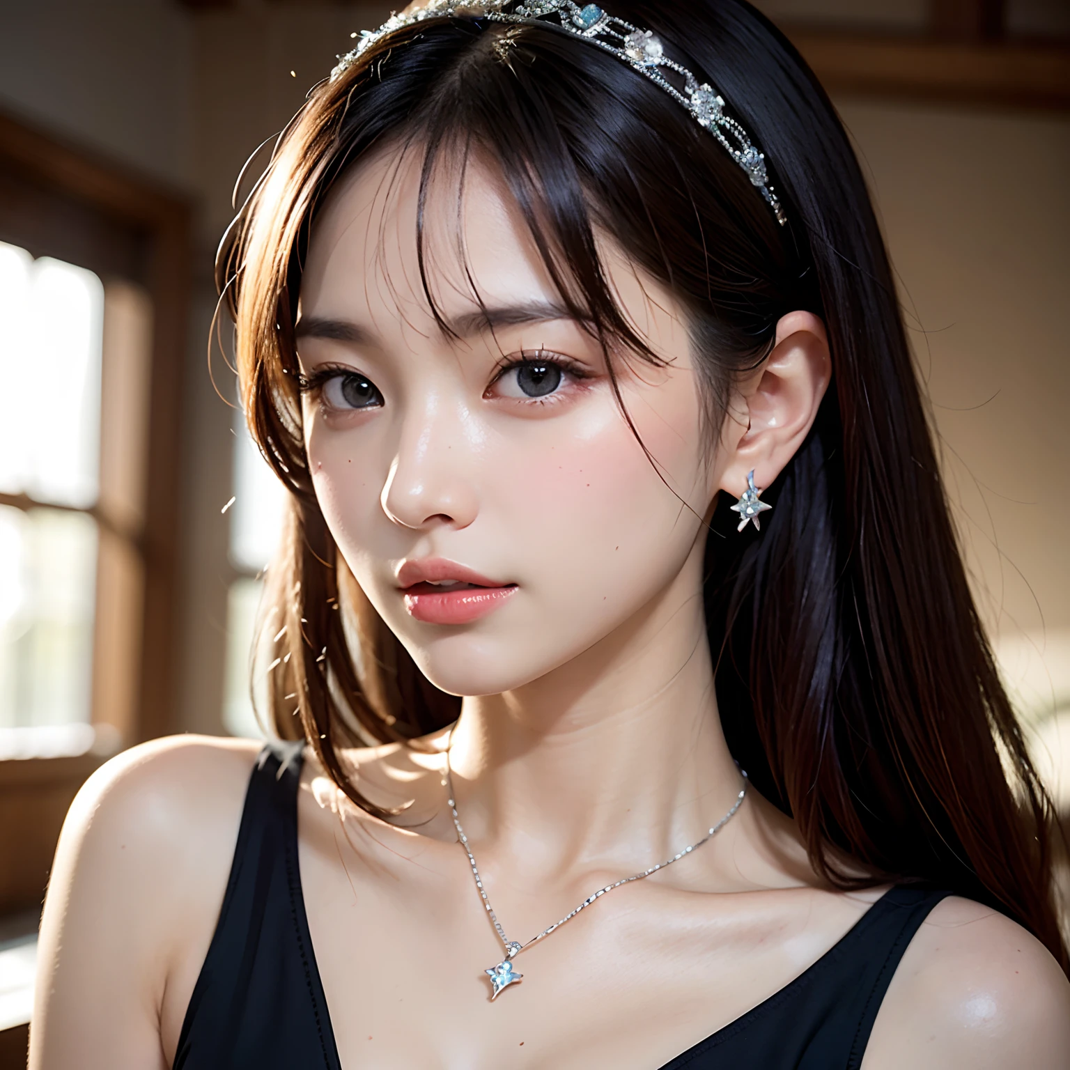Best quality, masterpiece, high resolution, 1girl, clear silk porcelain dress, beautiful face, hair accessories, looking at the audience, smiling, close your mouth, lips, dress, hair accessories, necklaces, jewelry, long hair, earrings, beautiful face, on the body, Tindal effect, realism, dark studio, edge lighting, two-tone lighting, (high detail skin: 1.2), 8k UHD, DSLR, soft light, high quality, volumetric lighting, photo, high resolution 4K, 8k, blurred background
