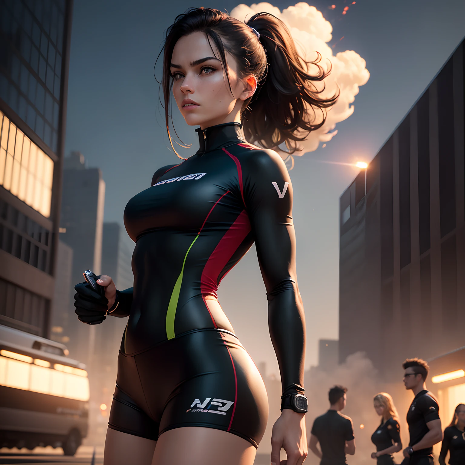 best quality, masterpiece ,Ada Wong ,beautiful, ultra realistic,all details, high resolution, smile, attractive, beautiful, wearing ultra sexually clothes, holding a shot gun,big breasts, big hips,big butt, clearly visible full body parts, running , sexy,full body shot,wet, oily body, nice body shape, middle of apocalypse city,resident evil theme , zombie apocalypse, zombies are chasing her. --auto --s2