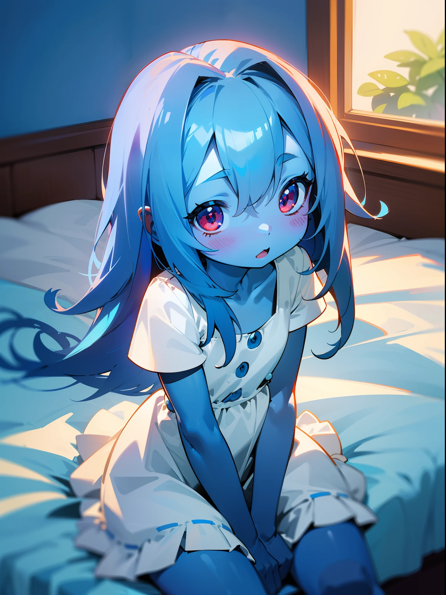 Chibi Character,,Cute little girl, Happy,(1loli girl,4 years old,small body),small,little white dress,dark blue hair,long hair,(((blue skin,colored skin))),red eyes,loli,solo,cute,(sitting on bed in a room in house),shy,blush,cowboy shot