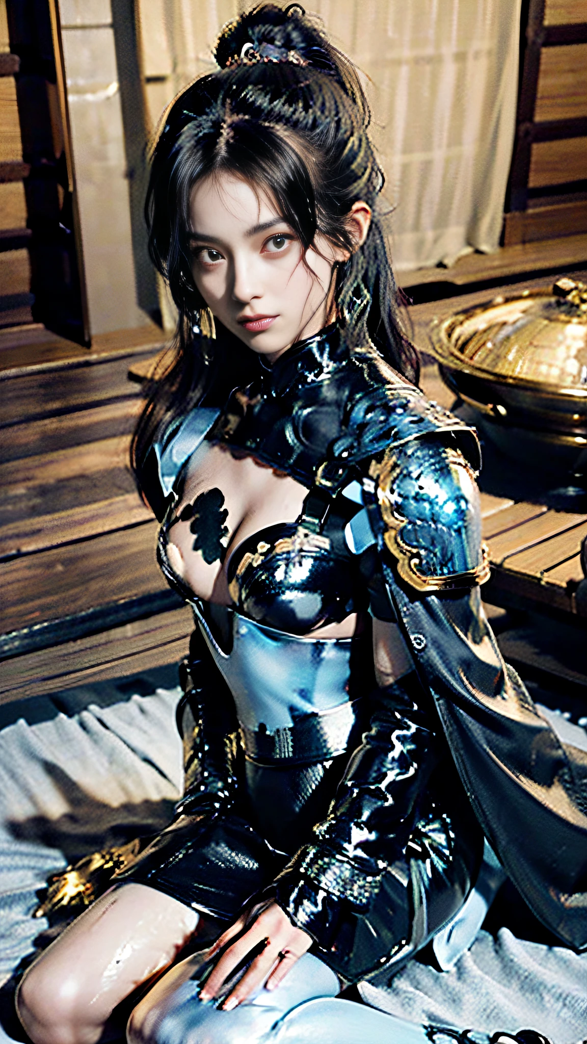 (((32k,high detal,high-detail、masterpiece,Attention to detail,full body Esbian,独奏,1woman))),Raw photo & realistic atmosphere,beautiful dark blue eyes,Detailed mouth,Detailed eyebrows,Shine in every detail,Eyes drawn in detail、Very beautiful eyes with azure eyes,Detailed lips、Infinite reality, ,Brave samurai of the Sengoku period, bulky17-year-old beautiful boy,Samurai of the Sengoku period of Japan,My face is very flushed.,Tremendously beautiful17-year-old Sengoku samurai beauty boy,(youthfulness,Pierce sad eyes,Serious beautiful look,Armor samurai of the Sengoku period,Sengoku armor,Armor of the Warring States Period,Black shiny hair,Chonmage,showing your whole body,Detailed crisp armor,Beautiful luxurious Sengoku armor,Armoured pockets,torso,small hand,Sandals,Shoulder to shoulder,Sengoku Warlord,Sengoku Daimyo,A beautiful girl strongly influenced by Ranmaru Mori,The image of the whole body turning blue,Beautiful face like a girl:1.6),(The whole body is wet from the rain,Blue liquid on the face,Blue liquid on the lips,Blue liquid in armor:1.8)