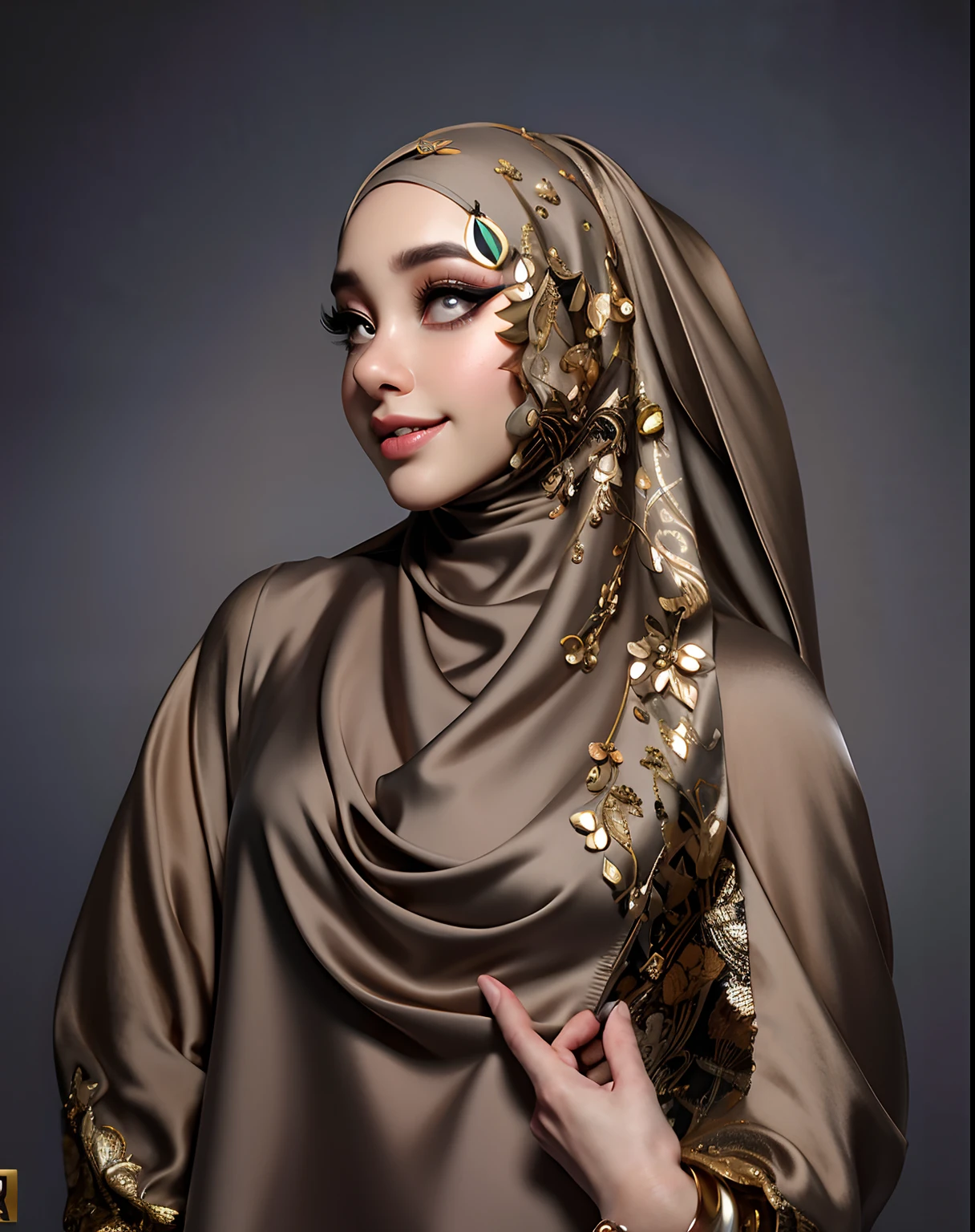 3dmm style, Masterpiece, best quality, photography, detailed skin, realistic, photo-realistic, 3D Character Design, pixar, real cartoon, 8k, highly detailed, full length frame, High detail RAW color art, diffused soft lighting, shallow depth of field, sharp focus, hyperrealism, cinematic lighting, ((close up)) hijab, a woman, beautifully makeup, brown beautiful big eyes, long eye lashes, wearing (Taupe satin hijab), loosely tide hijab style, gray satin blouse