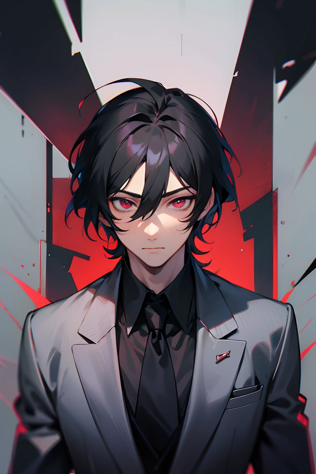 1men, Black hair long, crimson eyes, suit