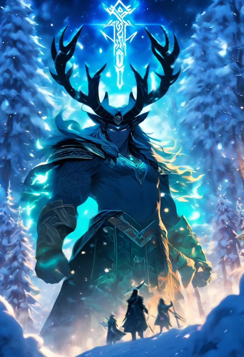 the best quality, very high resolution, detailed 4K CG, master piece, Loki, god of trickery, Norse god, rune tattoos, snow, tall trees, blue sky, Norse mythology, rune tattoo, beautiful aesthetics, Beautiful image, centered on screen