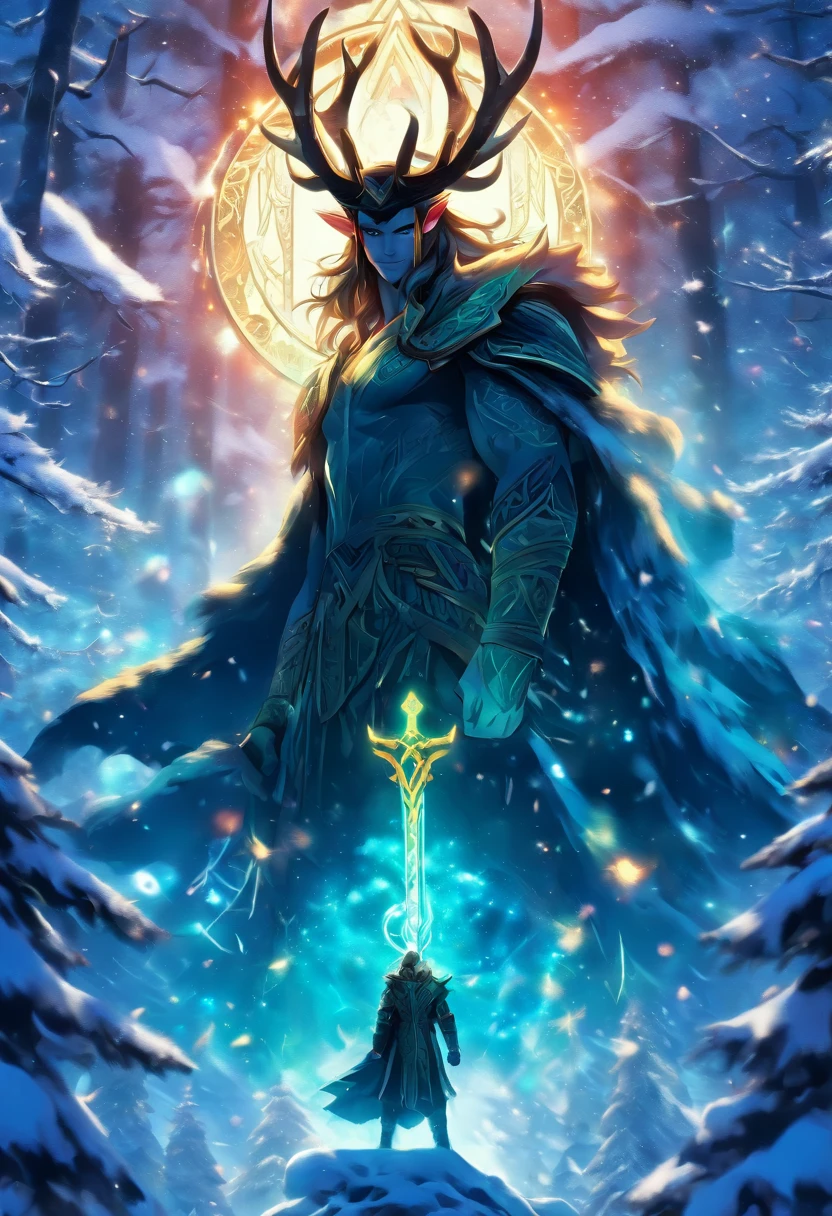 the best quality, very high resolution, detailed 4K CG, master piece, Loki, god of trickery, Norse god, rune tattoos, snow, tall trees, blue sky, Norse mythology, rune tattoo, beautiful aesthetics, Beautiful image, centered on screen