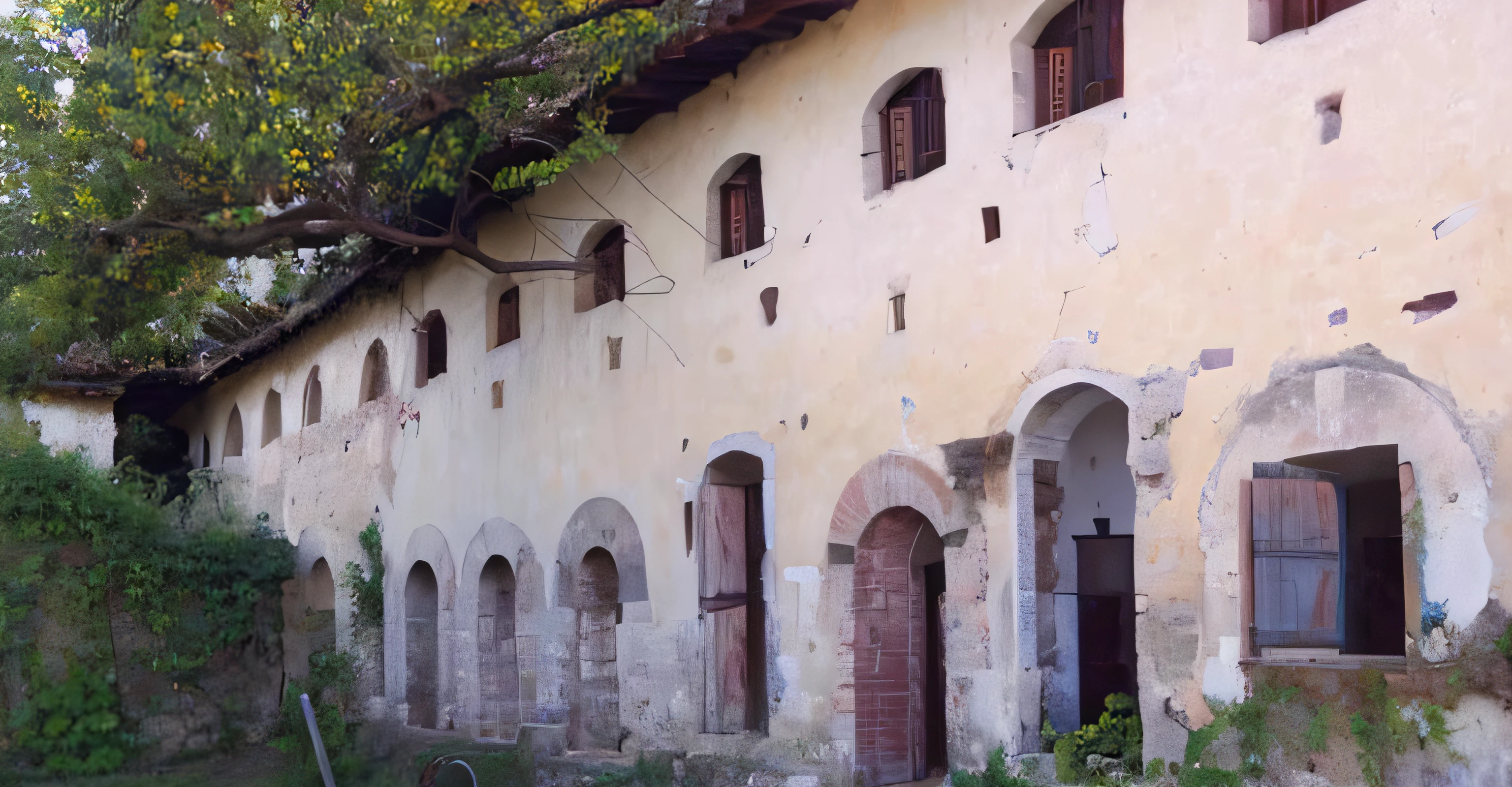 there is a building with a bunch of windows and a bench in front of it, old building, historical setting, an abandonded courtyard, barracks, abbondio stazio, historical image, old buildings, monastery, khedival opera house, of augean stables, destroyed monastery, seen from outside, former, historical photo, an abandoned