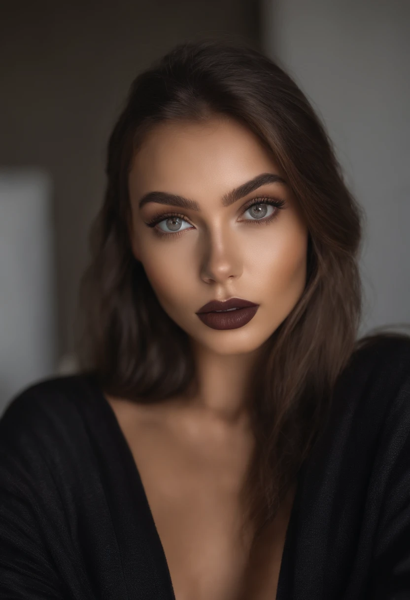 Arafed woman with black clothes, fille sexy aux yeux bruns, Latina, Portrait Sophie Mudd, cheveux bruns et grands yeux brun, selfie of a young woman, Yeux de chambre, Violet Myers, sans maquillage, maquillage naturel, looking straight at camera, Visage avec Artgram, Maquillage subtil, Superbe photo du corps entier, dans la chambre, clivage, regardant de face