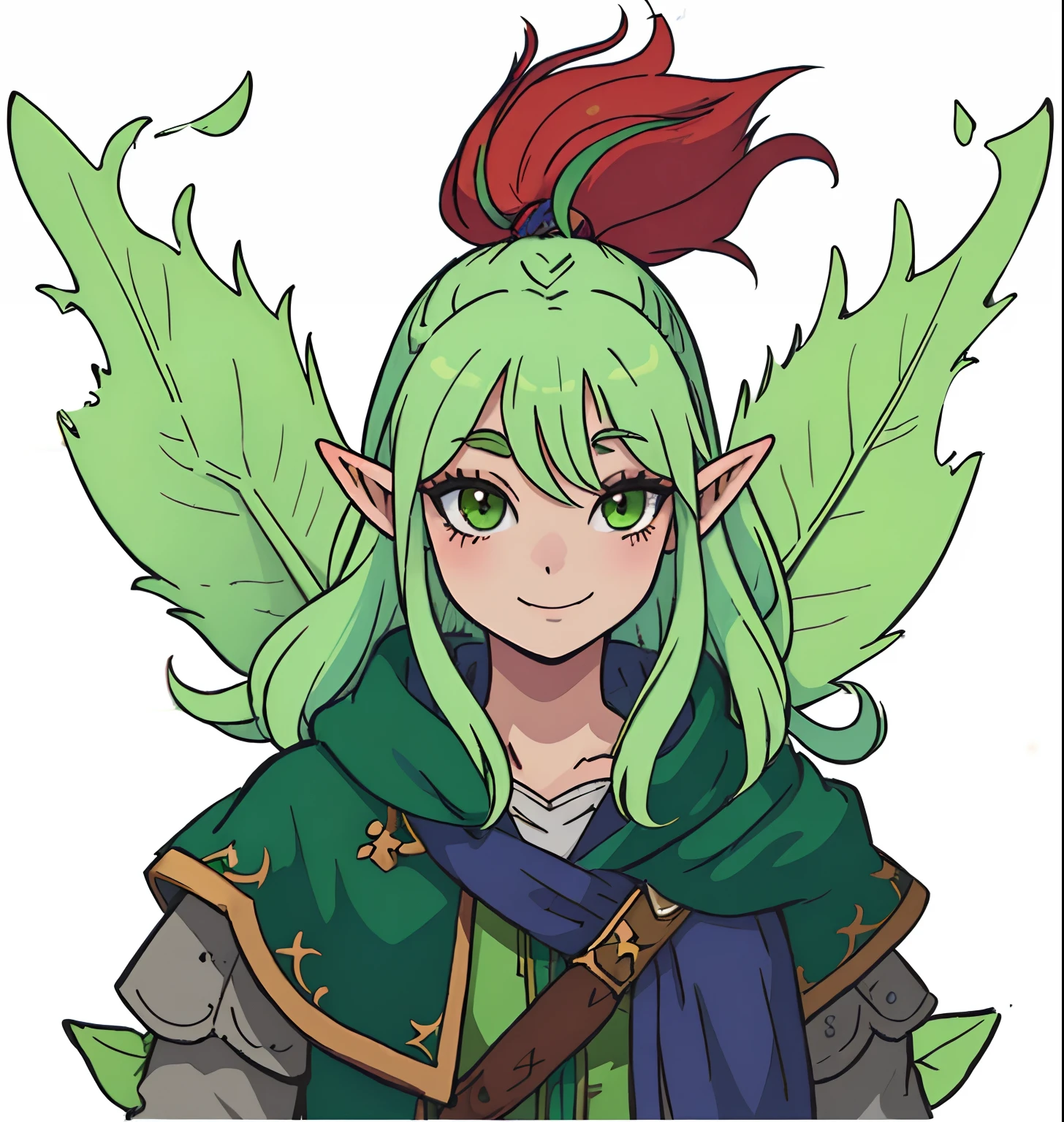 Estilo anime, close up fada com roupas medievais, (( Fada feminina de pele verde, cabelo moicano))! A closeup of a fairy with a green head and red hair, retrato feminino do duende, Elfpunk, Personagem Pixie, uma fada rainha, Peculiar Rei de Faes ( com longo, Retrato de uma rainha elfa, Um retrato de um elfo, goblin menina dnd personagem, female elfling, Retrato de um elfo, elven character with smirk, personagem de fantasia complexa