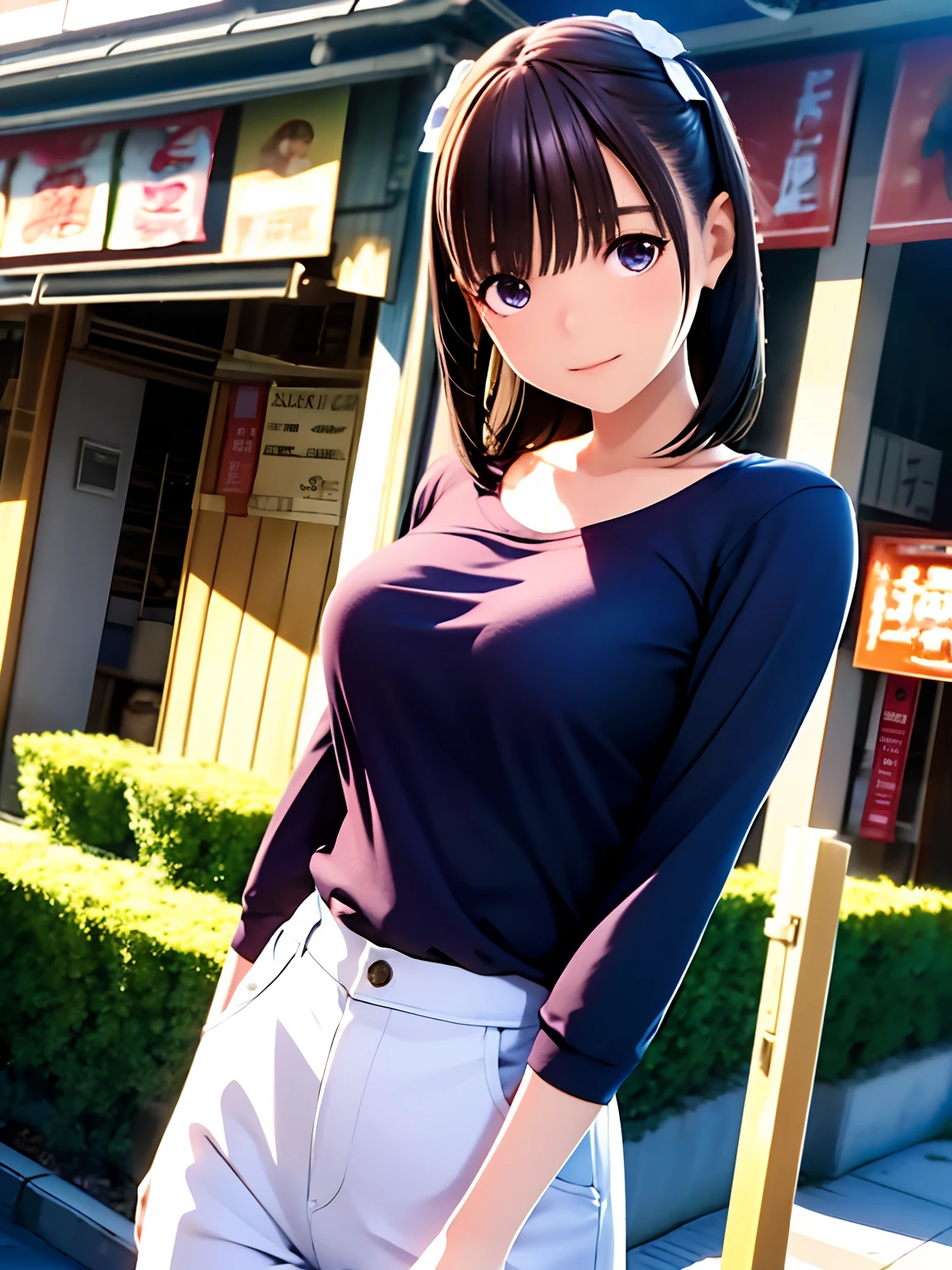 hight resolution,8K,Best Quality,detaileds,semi - realistic anime,Anime 3D Style,Smooth Anime CG,1 girl in,20 year old woman in Japan,slim,modeled,shiny chestnut hair,Medium Hair,Detailed face,Beautiful and detailed eyes,Glowing skin,(Long sleeve top、skinny pants),earring beautiful,tag, with light glowing, plein air, (a street:0.8), (a person, Large crowds:1),Beautiful details sky, (dynamicposes:0.8),Hard Focus、film grains,Soft lighting,the wind,looking at the viewers,