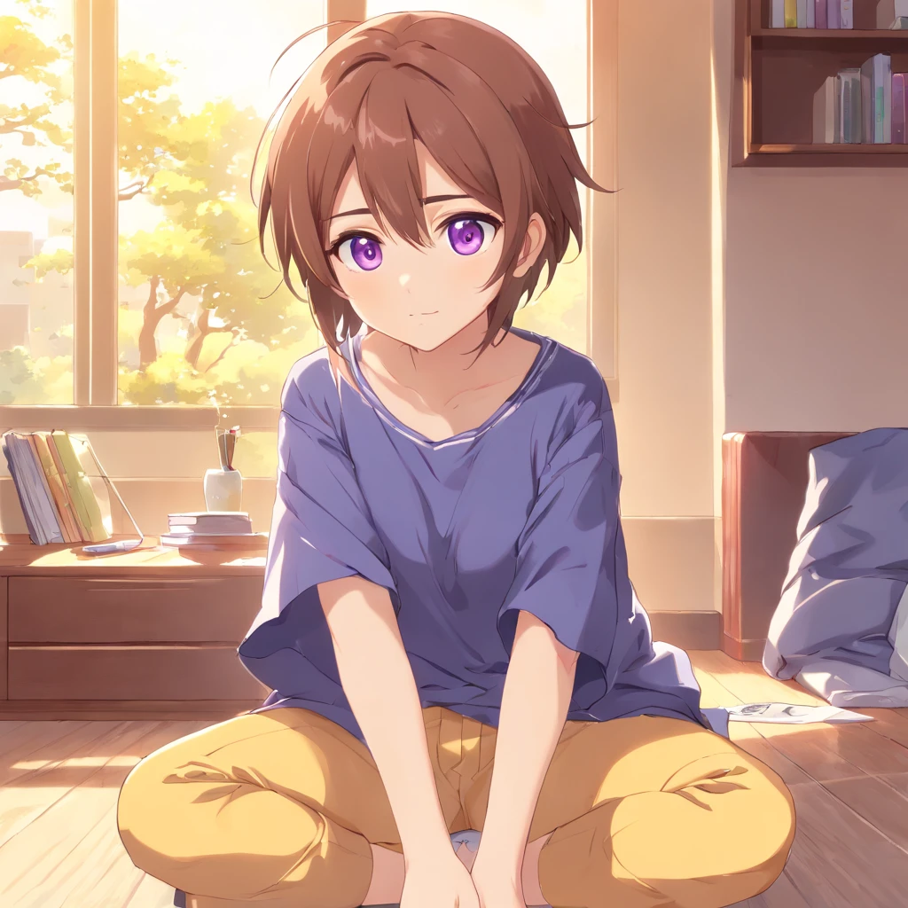virtual_youtuber, 1st grade, macho_foco, sozinho, marrom_Hair, Purple_olho, simples_Background Story, marrom_footwear, cheio_corpo, Em linha reta, Olhando_em_visualizador, Pants, camisa de colarinho branco, Hair_entre_olho, (olhos muito detalhados:1.5)