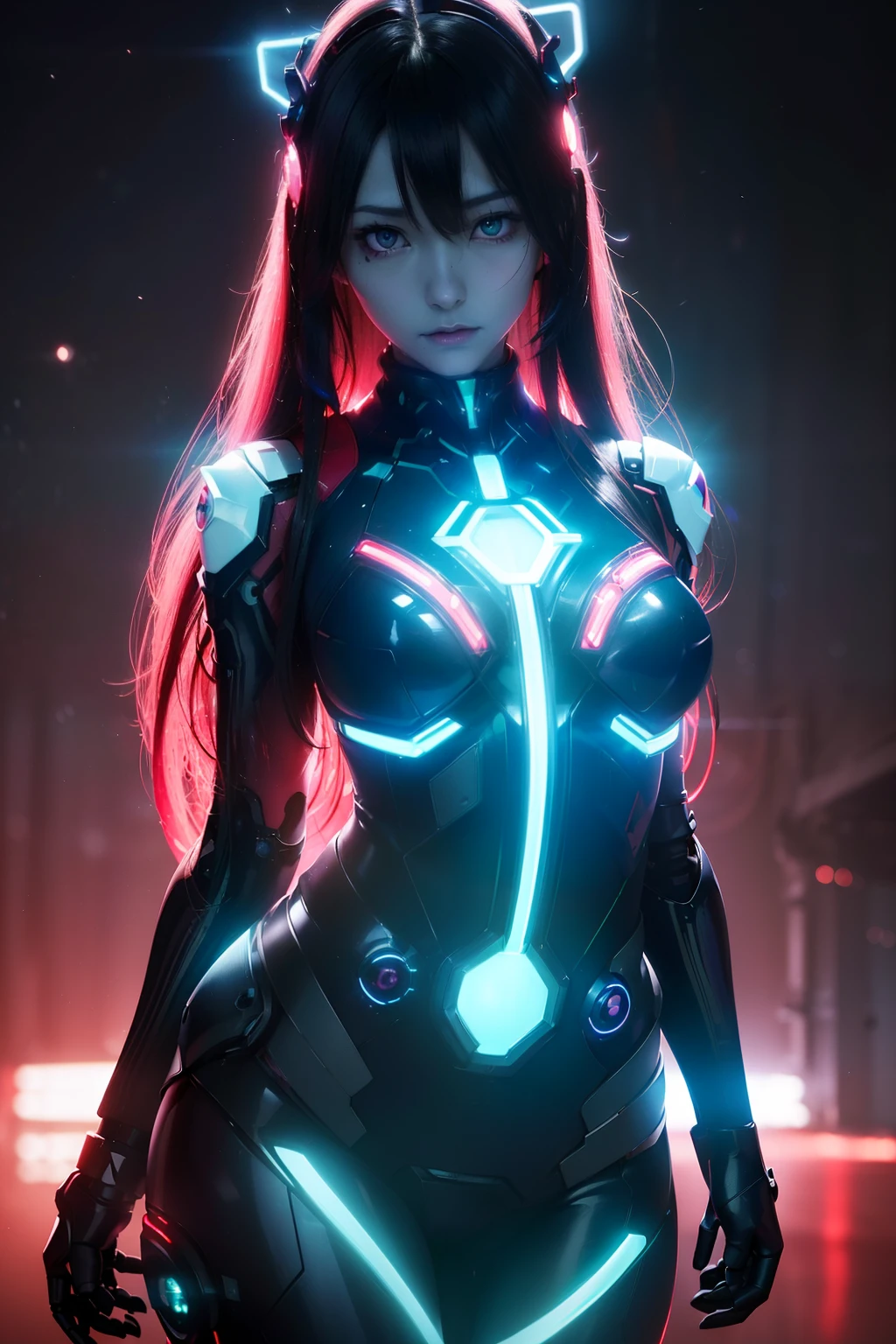 Asuka-Evangelion realistic and intricate perfect beauty face, detailed & asymmetric perfect sharp galaxy glowing eyes, detailed face, (((from face to the waist))), (((beauty shape))), ((in realistic neon-lit sci-fi plugsuit metal mech parts and robotic tentacles with neon-lit lights)), masterpiece, 4k, UHD, fighting against a realistic and intricate mech dragon