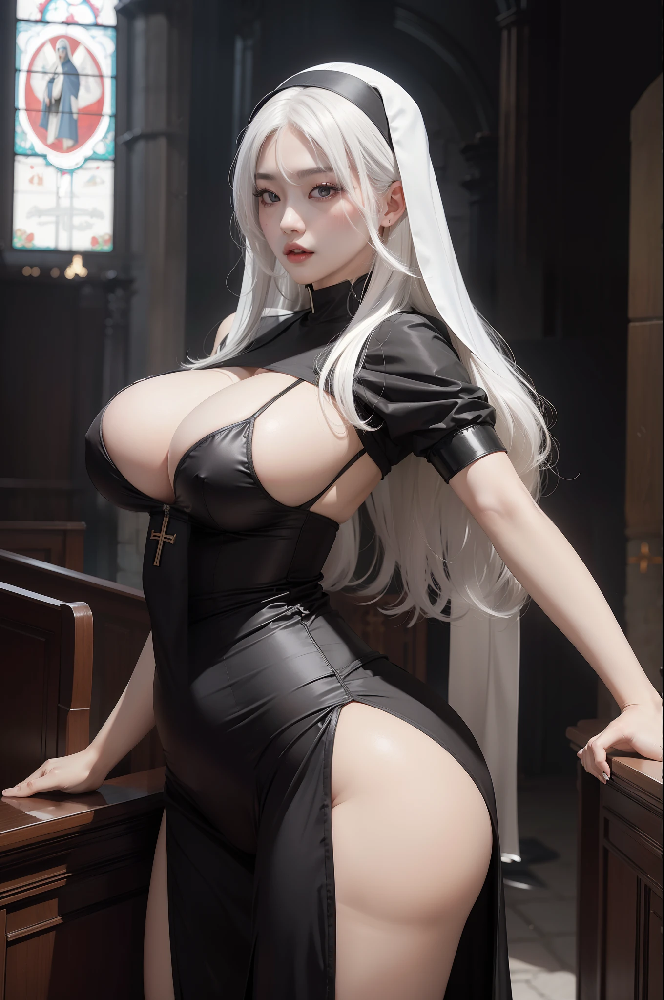 Sexy and beautiful korean nun with gigantic boobs, gigantic ass and gigantic hips. She has beautiful white hair with black highlights. She wears very slutty and sexy nun clothes. She is locked in glory hole in the church. View of the ass