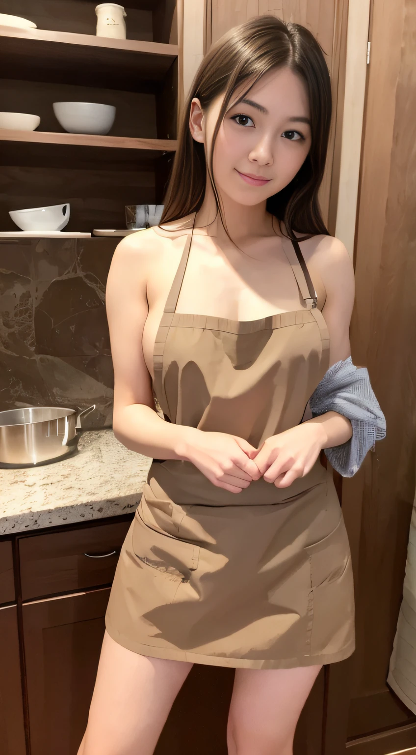 ((highest quality、8k、masterpiece:1.3))、One Girl、Naked Apron、Very beautiful face、The beauty of slim abs:1.3、(Casual Hairstyles、Huge boobs:1.2)、Naked Apron:1.1、Super small face、Detailed eyes、double eyelid、Laughter、kitchen、concentrated、Cleavage、Nipples、勃起したNipples, whole body, whole bodyを見せた, Photographing the subject from the side
