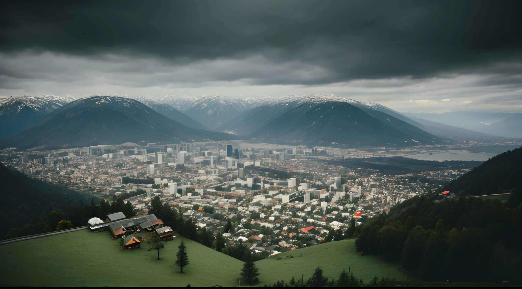 a city seen from a hill in rainy weather realistic and organic