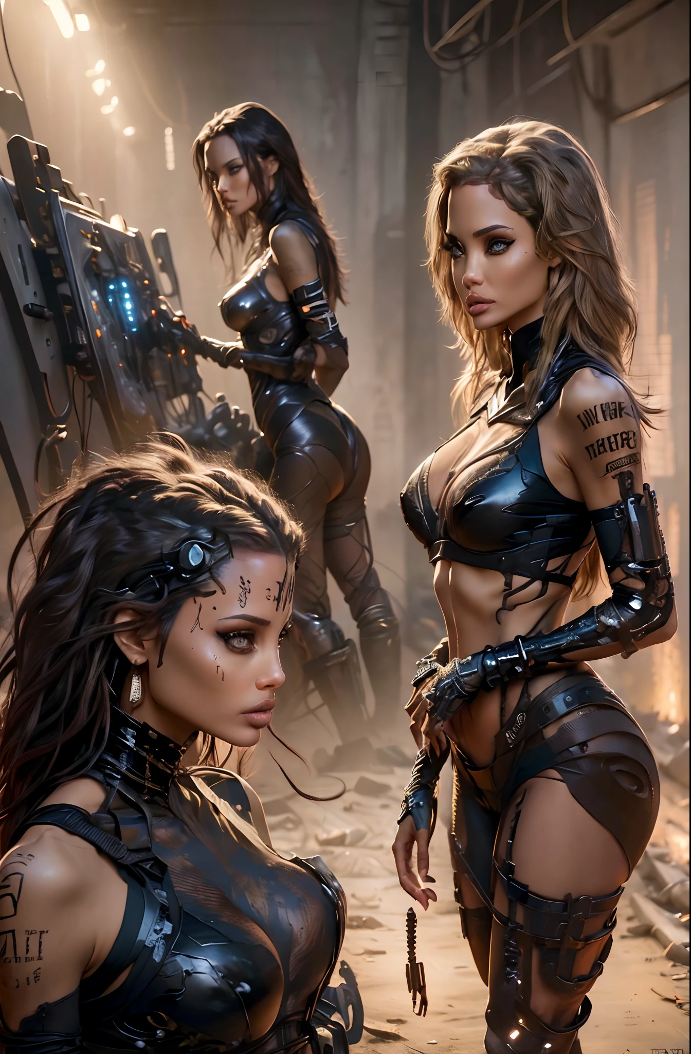 ((Angelina Jolie and Halle Berry as slaves)), (torn cybernetic uniform, shibari, bondaged, beautiful detailed eyes,beautiful detailed lips,longeyelashes),(oil painting,ultra-detailed brushwork),(dark background, intense atmosphere),(warm color tones),(soft and diffused lighting)