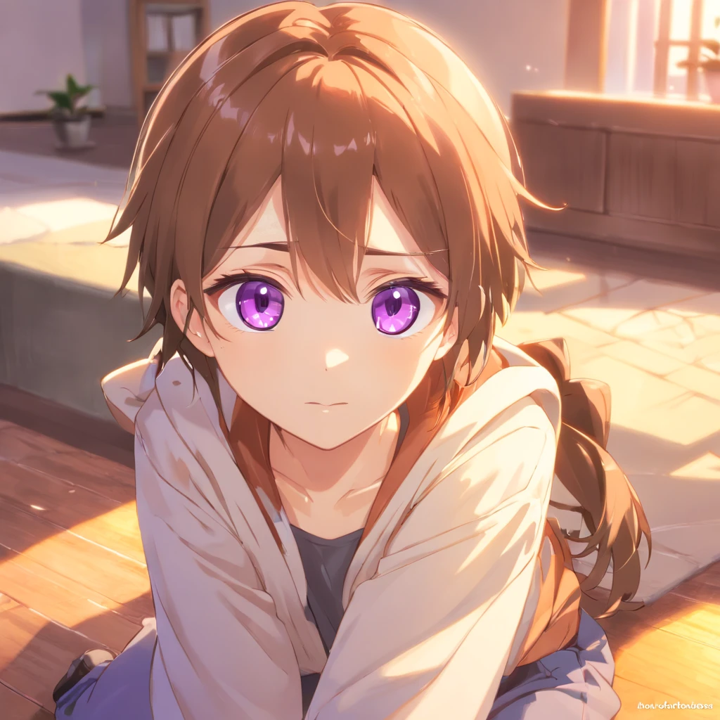 virtual_youtuber, 1st grade, macho_foco, sozinho, marrom_Hair, Purple_olho, simples_Background Story, marrom_footwear, cheio_corpo, Em linha reta, Olhando_em_visualizador, Pants, camisa de colarinho branco, Hair_entre_olho, (olhos muito detalhados:1.5) homem
