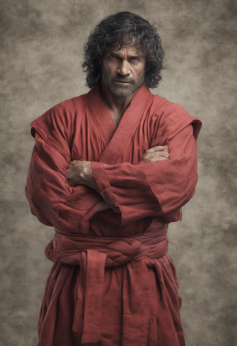 Homem forte de cabelos vermelhos, musculoso, kimono branco, folded arms, olhar penetrante, poder de fogo, um rei, A man of frightening presence,